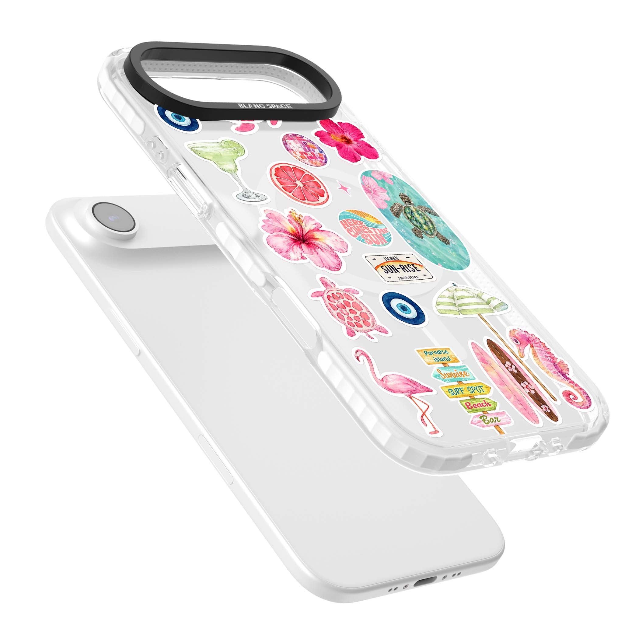 Aloha Sticker Mix tropical summer iPhone case featuring pink hibiscus, sea turtles, flamingo and beach umbrella stickers | Impact Magsafe case for iPhone Air