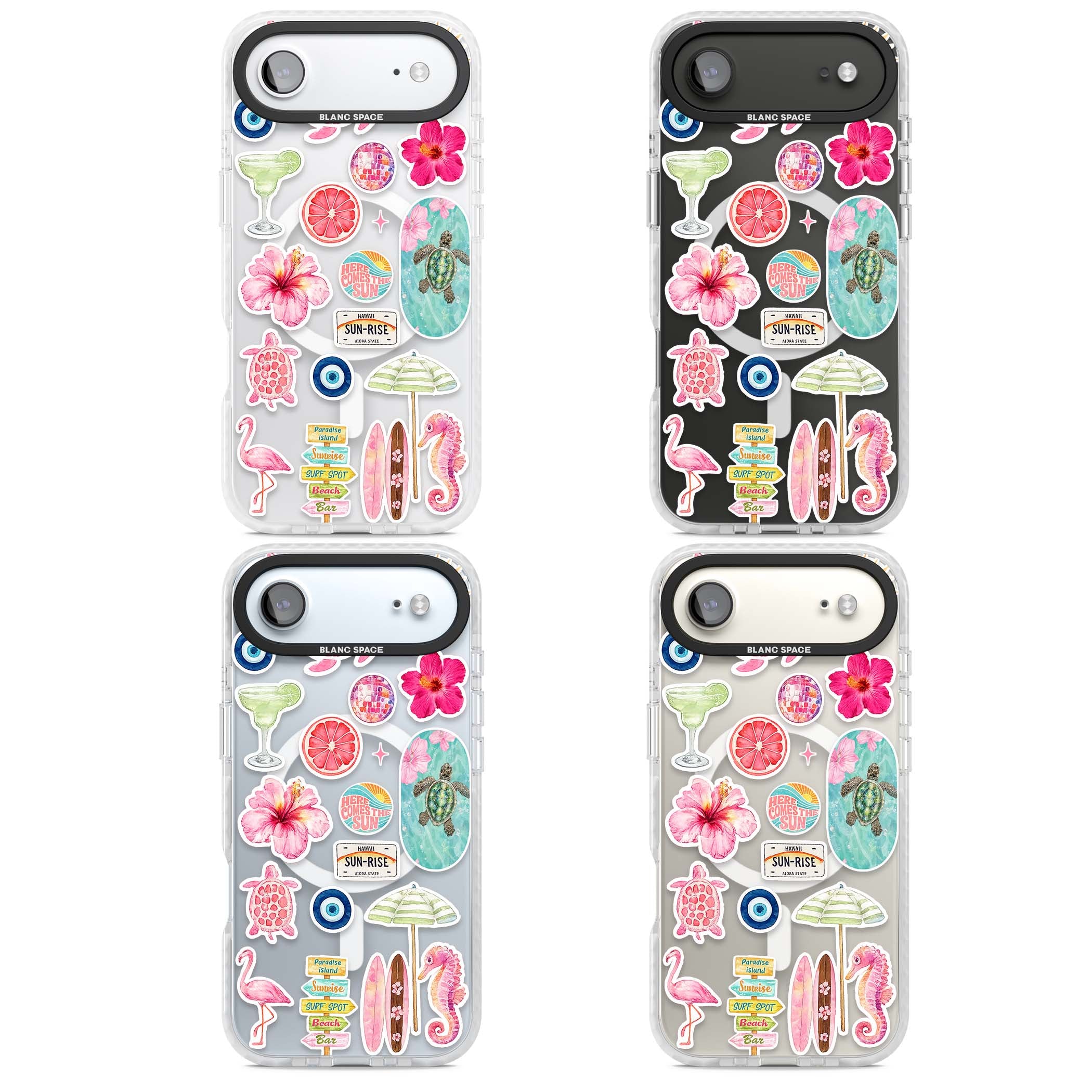 Aloha Sticker Mix tropical summer iPhone case featuring pink hibiscus, sea turtles, flamingo and beach umbrella stickers | Impact Magsafe case for iPhone Air
