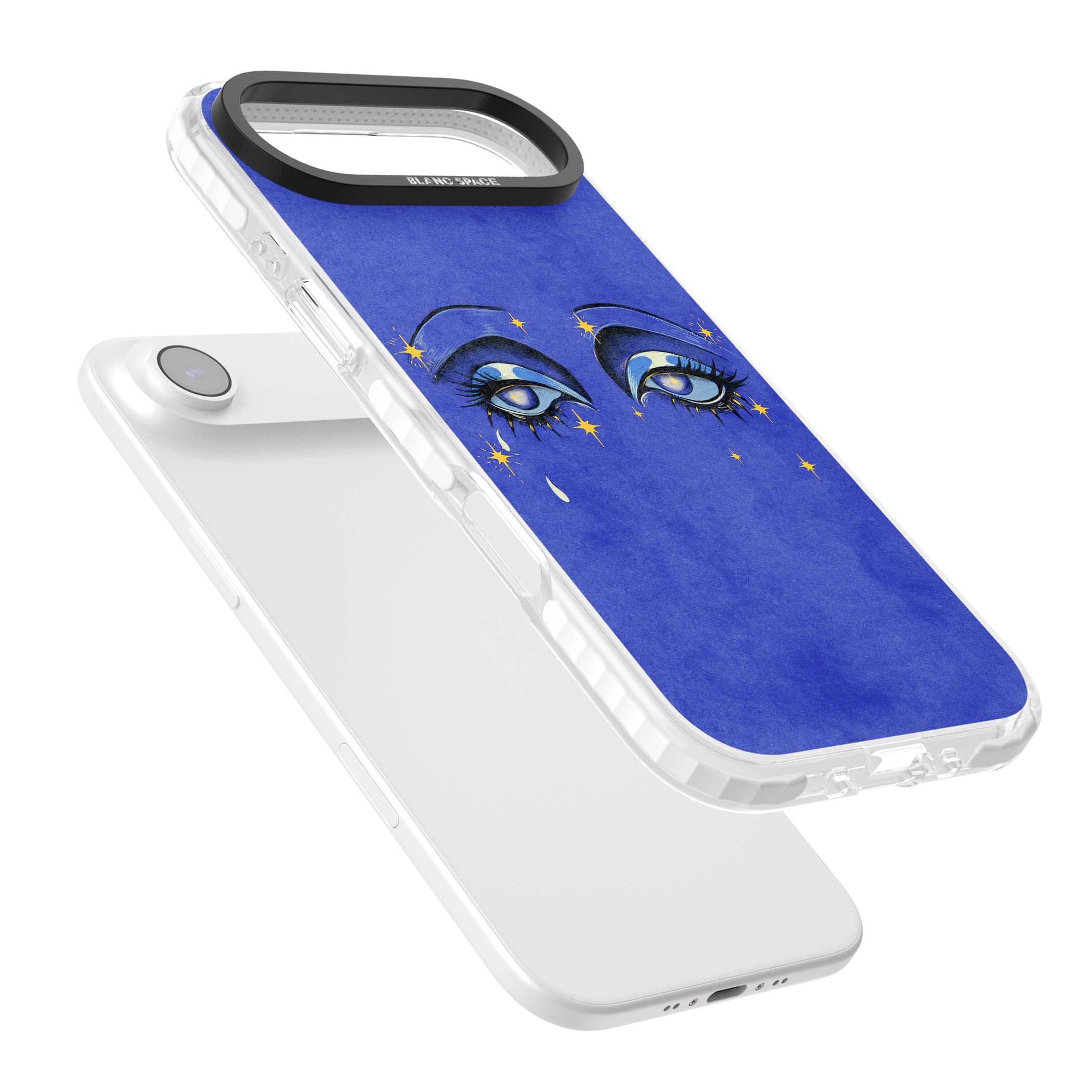 Blue Mystic Eyes celestial iPhone case featuring hand drawn blue mystical eyes, golden stars and a painted tear on indigo | Impact Magsafe case for iPhone Air
