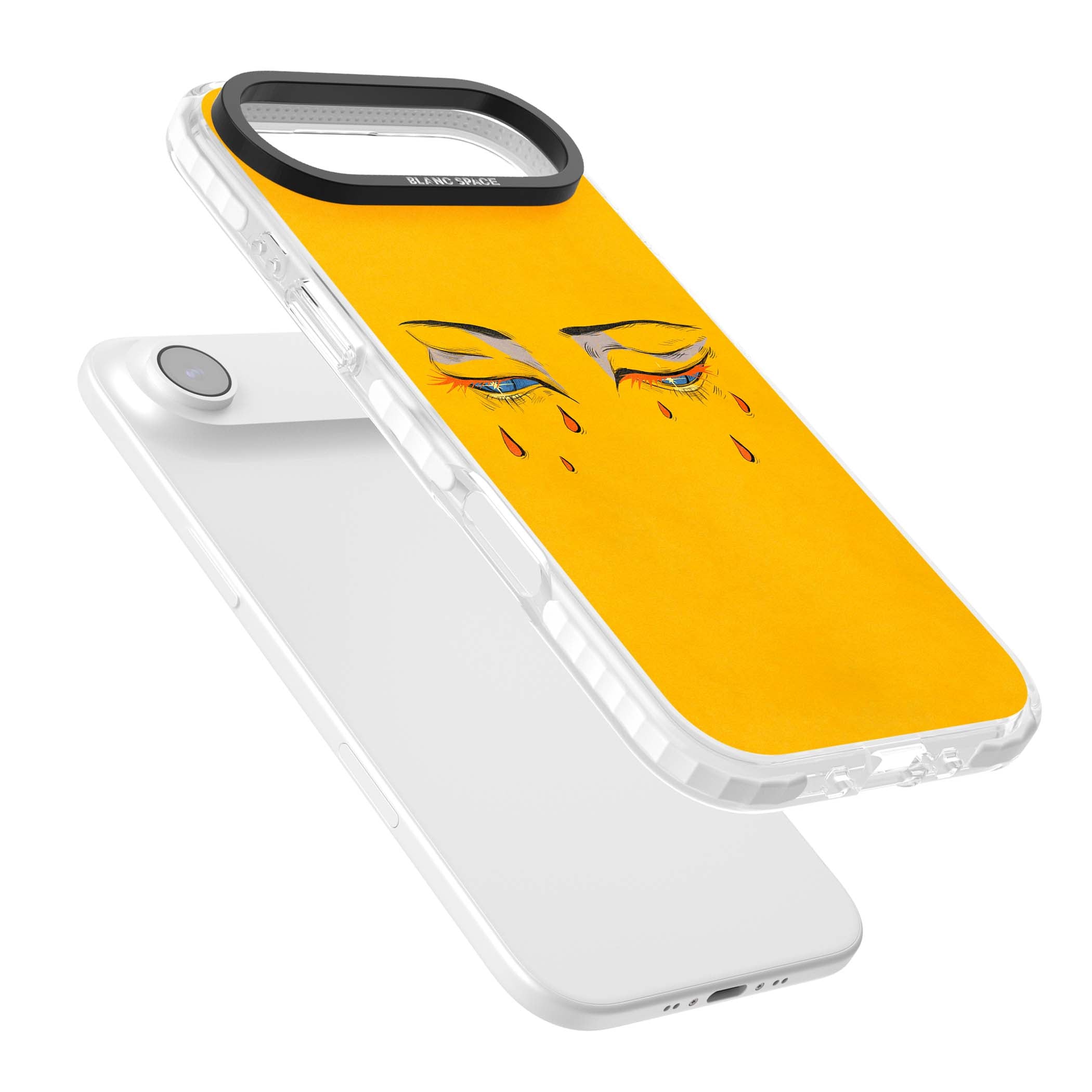 Yellow Tearful Eyes indie iPhone case featuring hand-drawn crying eyes with orange tears on a yellow background | Impact Magsafe case for iPhone Air