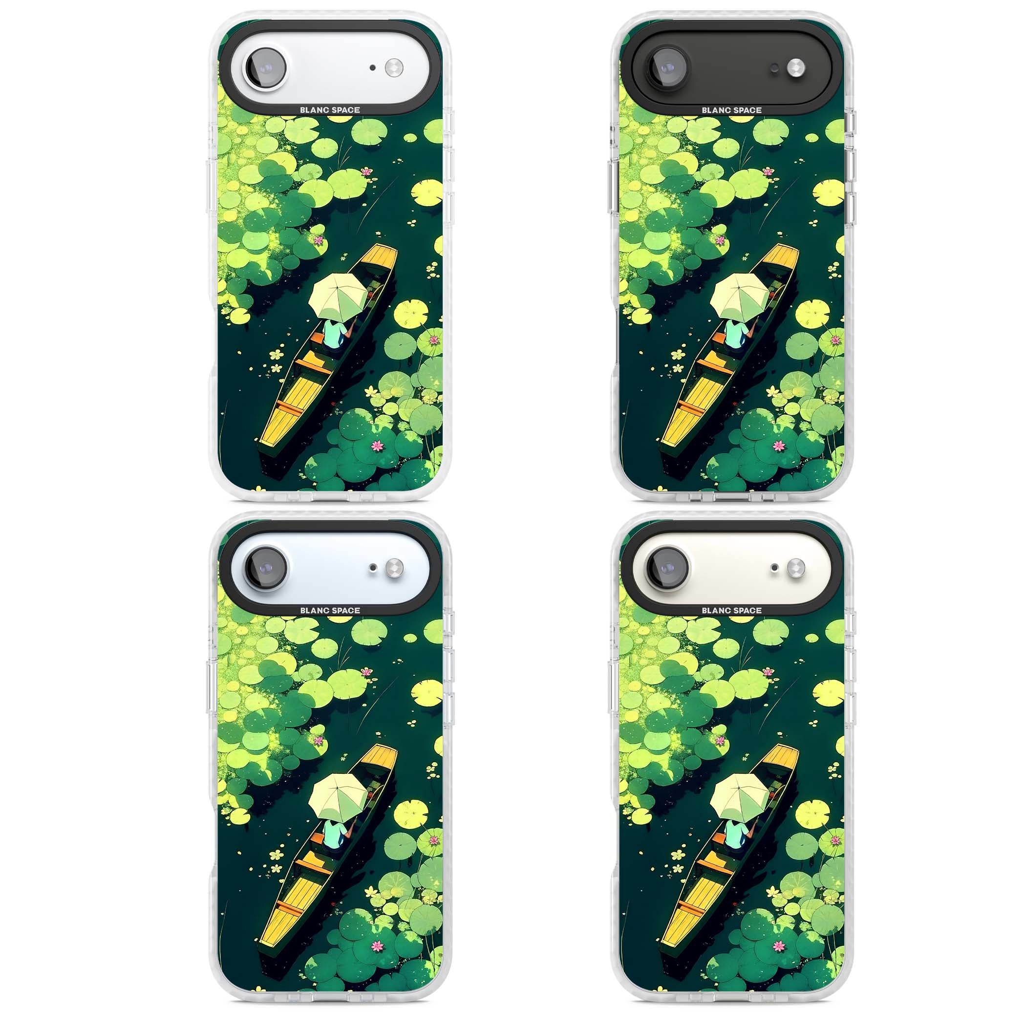 Jade Waters cottagecore iPhone case featuring a painted lily pond, wooden boat with parasol and floating water lilies | Impact Magsafe case for iPhone Air