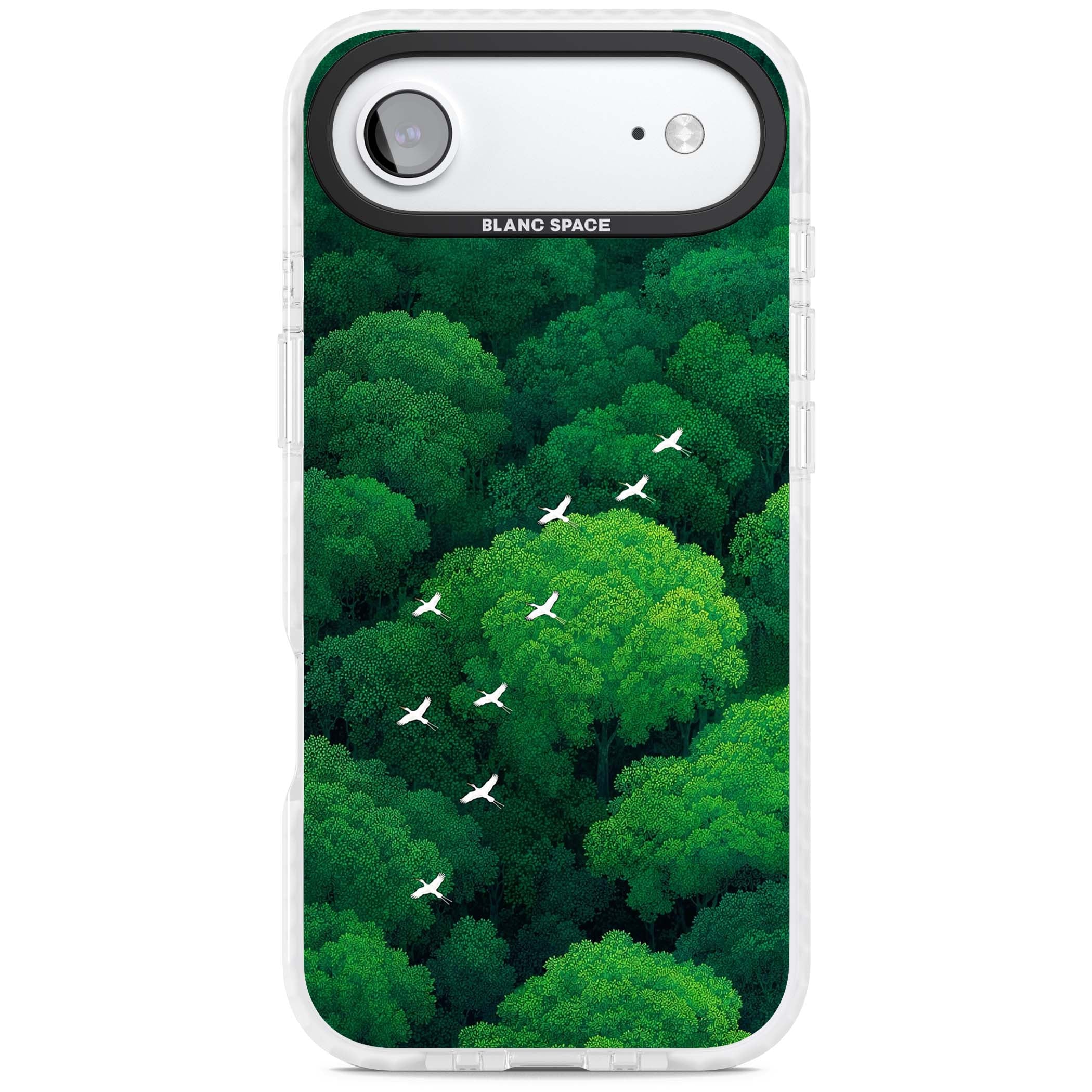 Grove Migration forest iPhone case featuring white cranes flying over lush green treetop canopy | Impact Magsafe case for iPhone Air