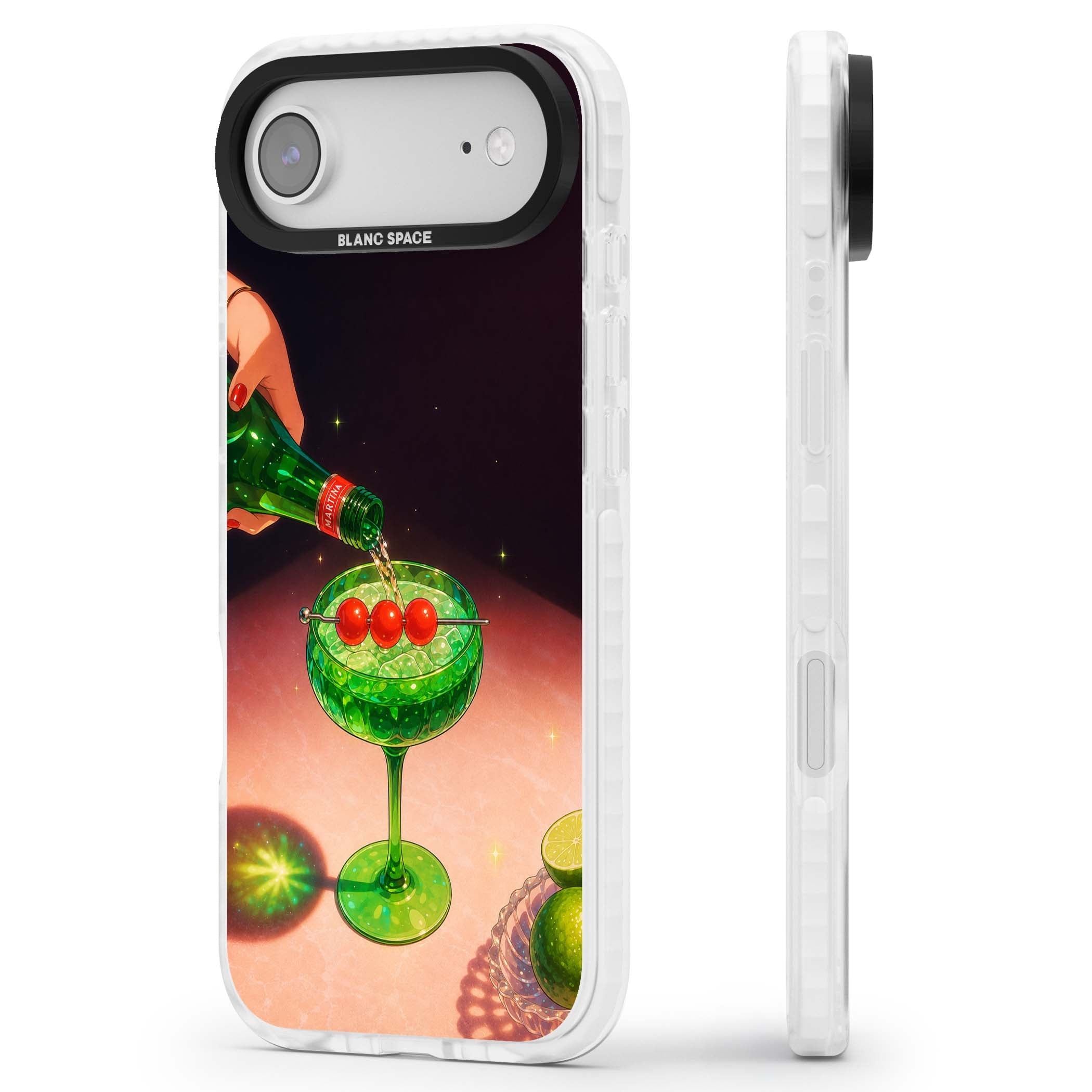 Absinthe Hour cocktail iPhone case featuring a green coupe glass, cherry garnish and vintage bottle pour illustration | Impact Magsafe case for iPhone Air