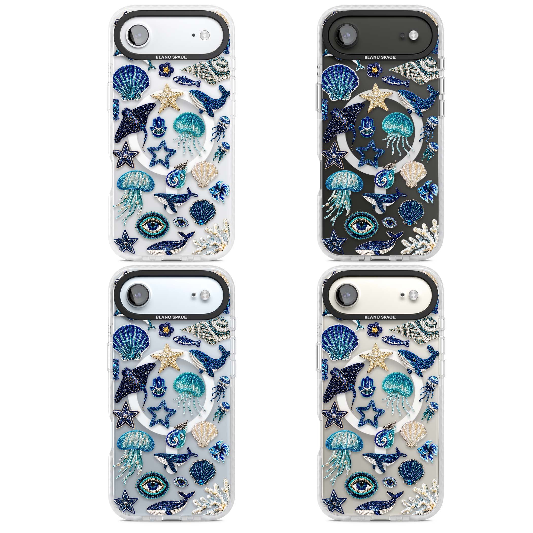 Beaded Coastal coastal iPhone case featuring embroidered seashells, jellyfish and a blue whale on clear | Impact Magsafe case for iPhone Air