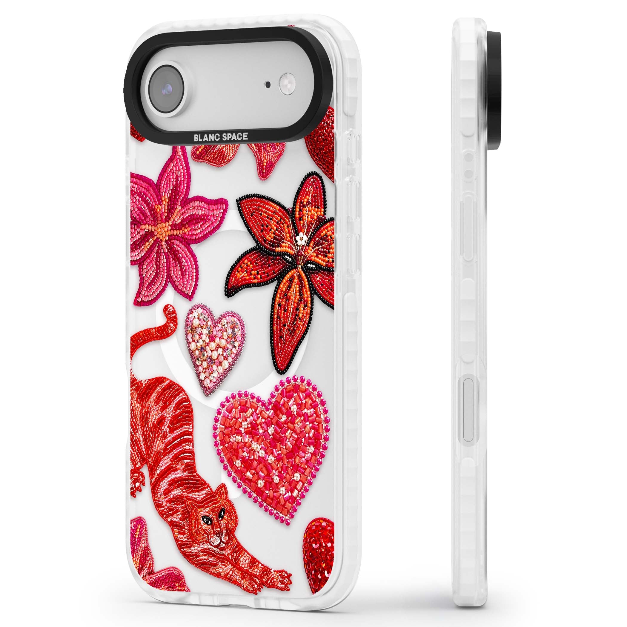 Beaded Boho floral iPhone case featuring beaded red lilies, a stitched tiger, and pearl-encrusted hearts on clear | Impact Magsafe case for iPhone Air