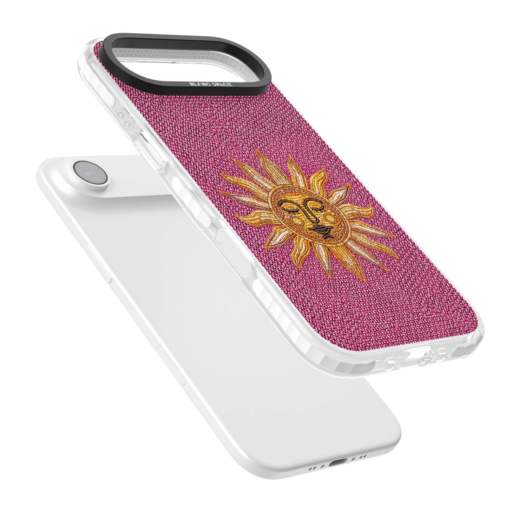 Beaded Sun celestial iPhone case featuring a golden beaded sun face with radiant rays on hot pink beaded background | Impact Magsafe case for iPhone Air