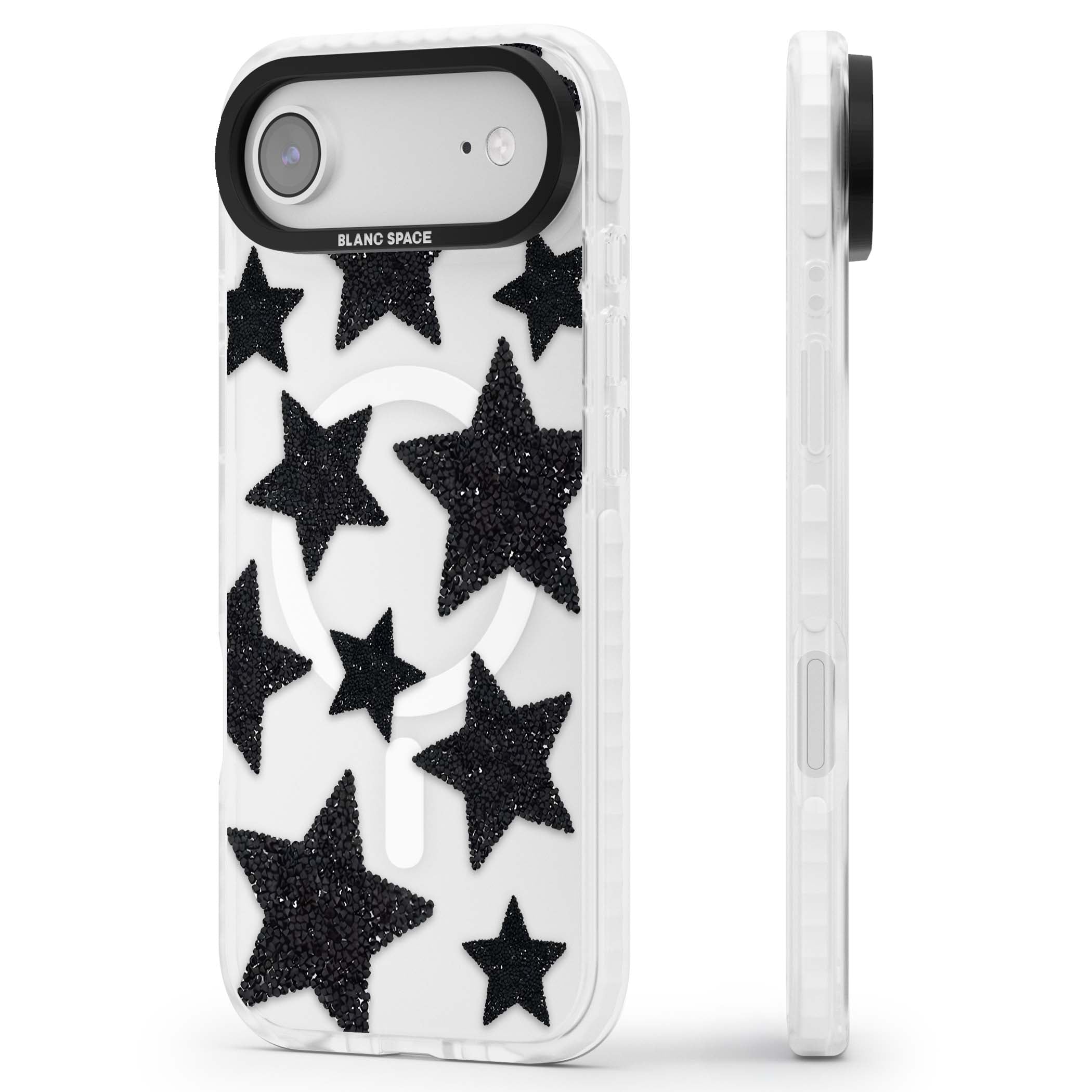 Beaded Black Stars celestial iPhone case featuring black glitter beaded stars scattered on a clear background | Impact Magsafe case for iPhone Air