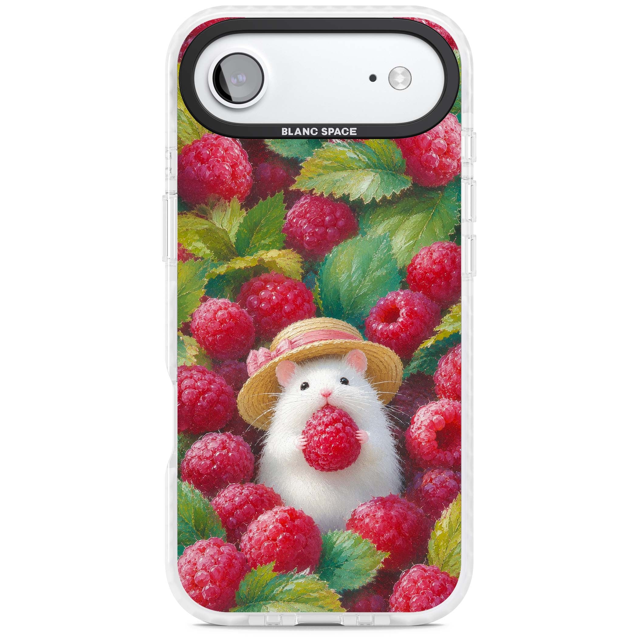 Berry Forager cottagecore iPhone case featuring a white hamster in a straw hat holding a raspberry surrounded by ripe ber | Impact Magsafe case for iPhone Air