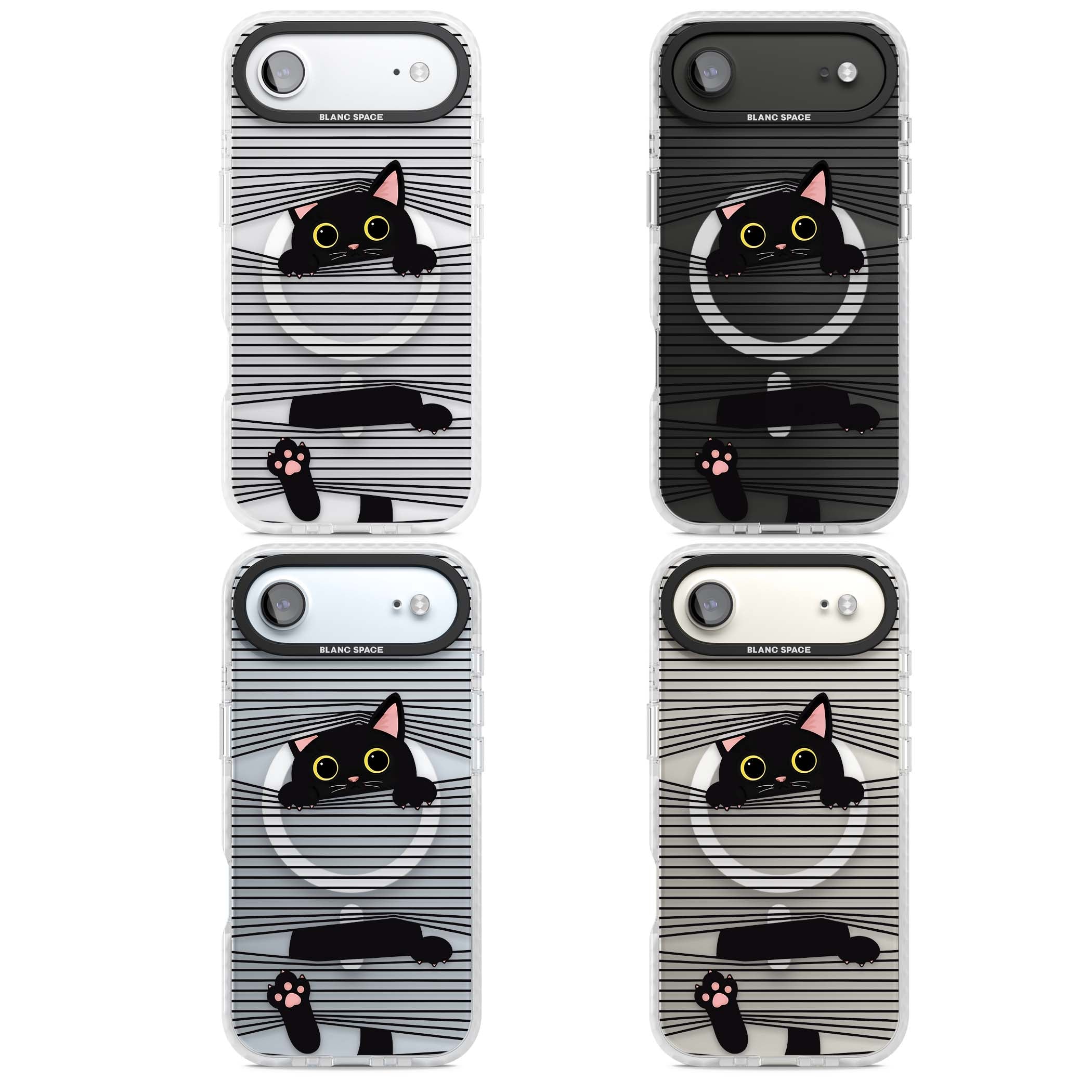 Peek-a-Boo Cat minimal iPhone case featuring black cat peeking through horizontal black and white stripes | Impact Magsafe case for iPhone Air