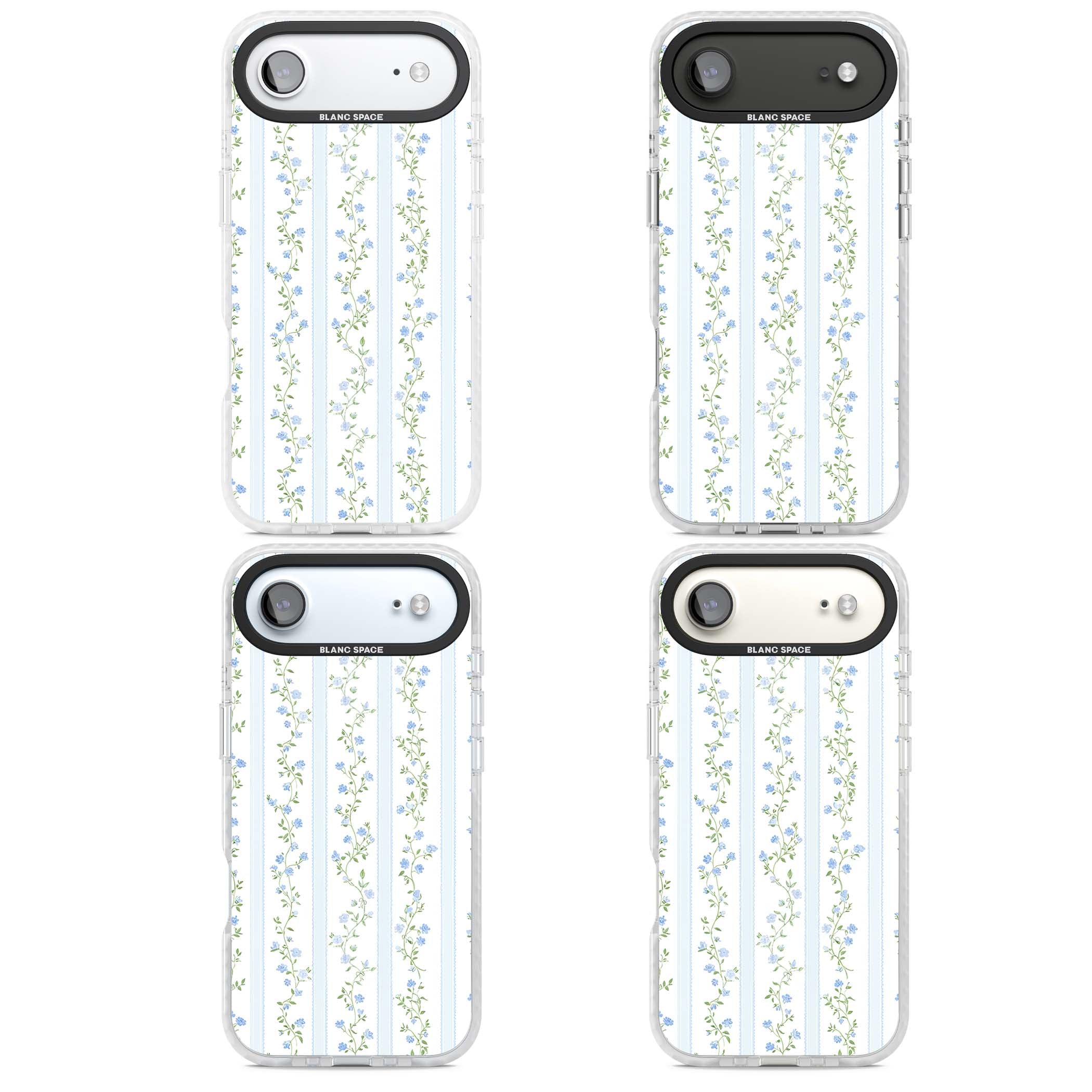 Bluebell Vine cottagecore iPhone case featuring climbing blue roses, trailing green vines, and pale ticking stripes | Impact Magsafe case for iPhone Air