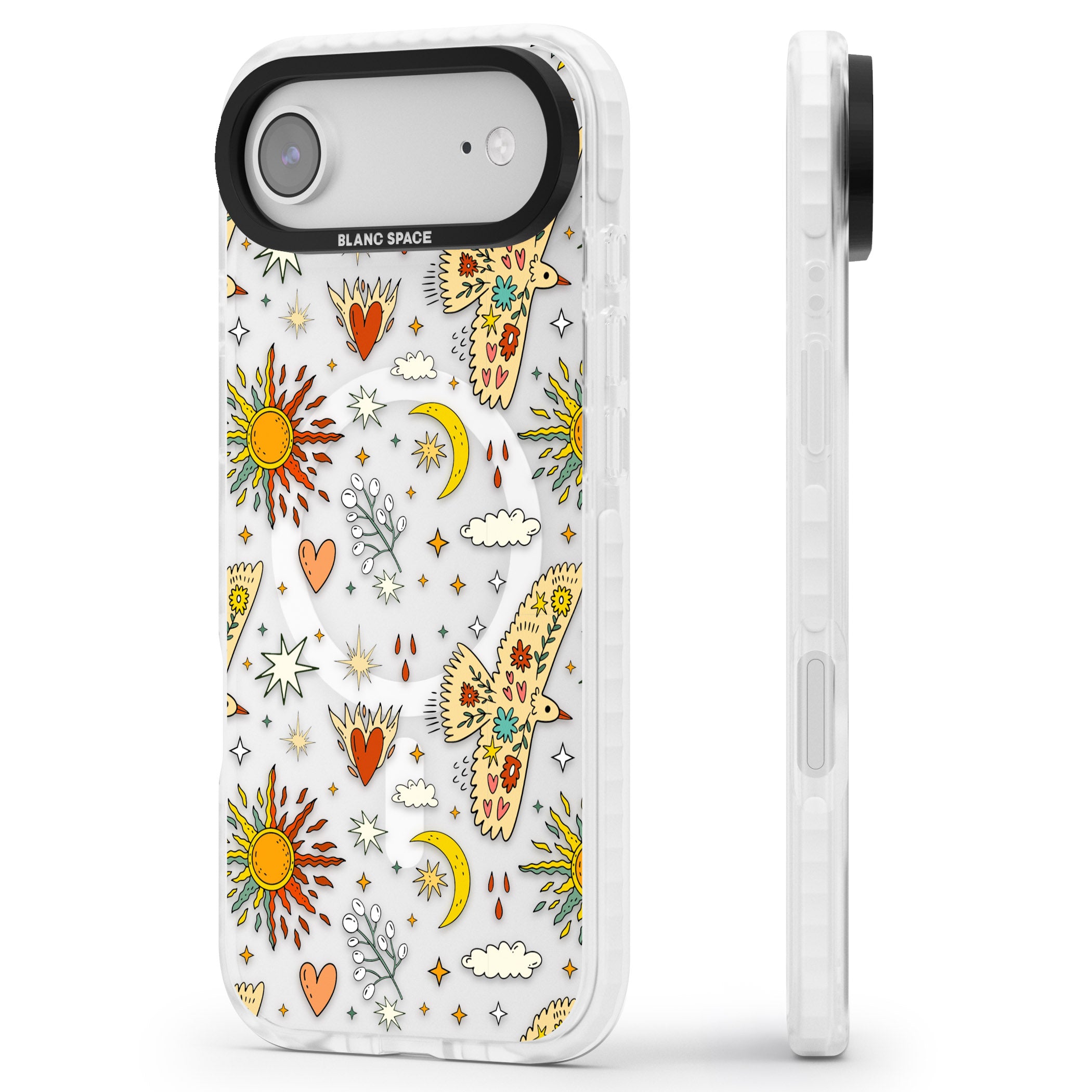 Boho Celestial Floral Bird Sun iPhone 17 Air Impact Pro Clear Phone Case Side Profile