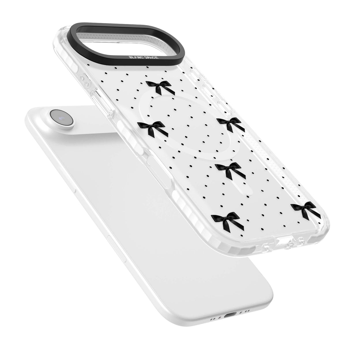 Black Polka Bows coquette iPhone case featuring scattered black satin bows and tiny polka dots on a clear base | Impact Magsafe case for iPhone Air
