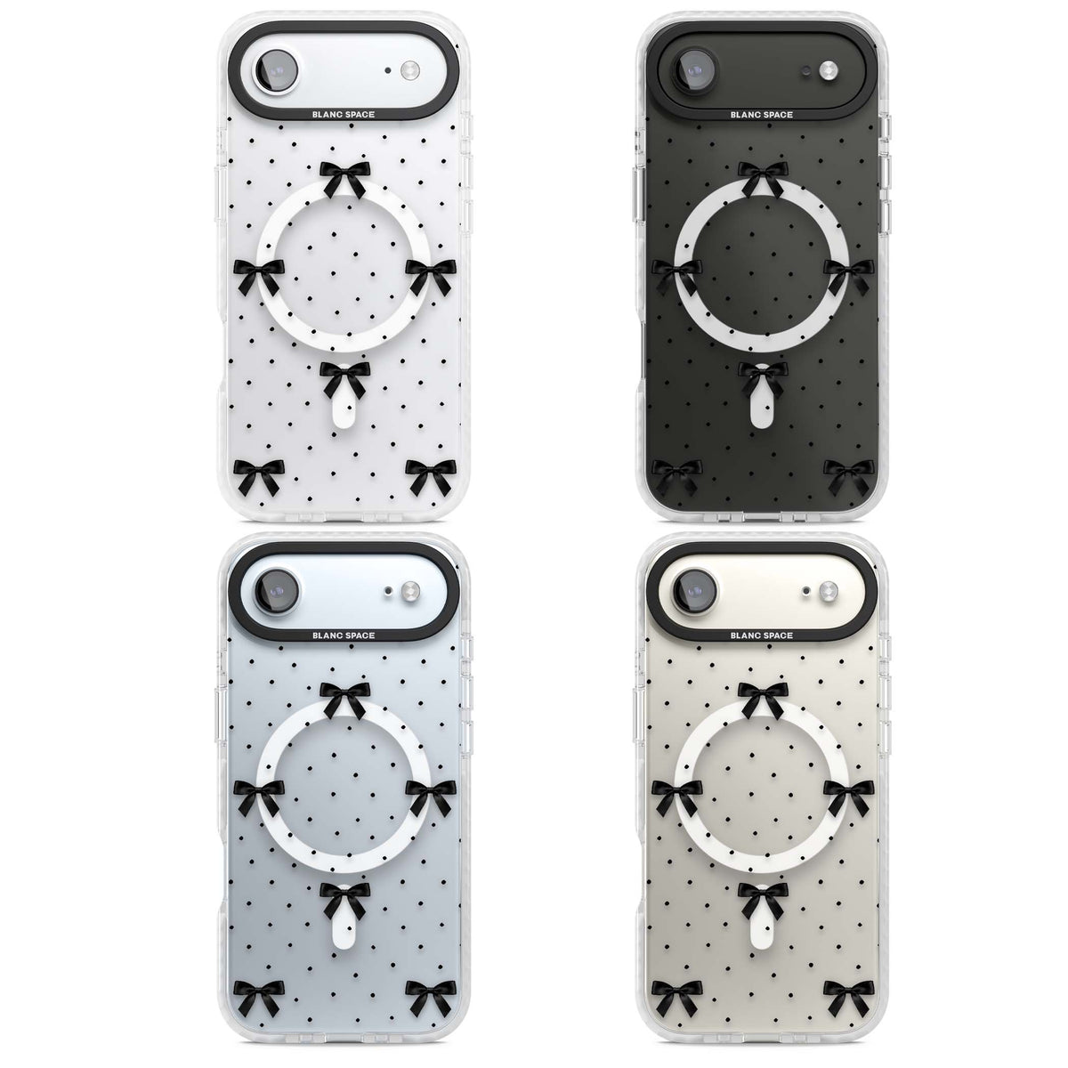 Black Polka Bows coquette iPhone case featuring scattered black satin bows and tiny polka dots on a clear base | Impact Magsafe case for iPhone Air
