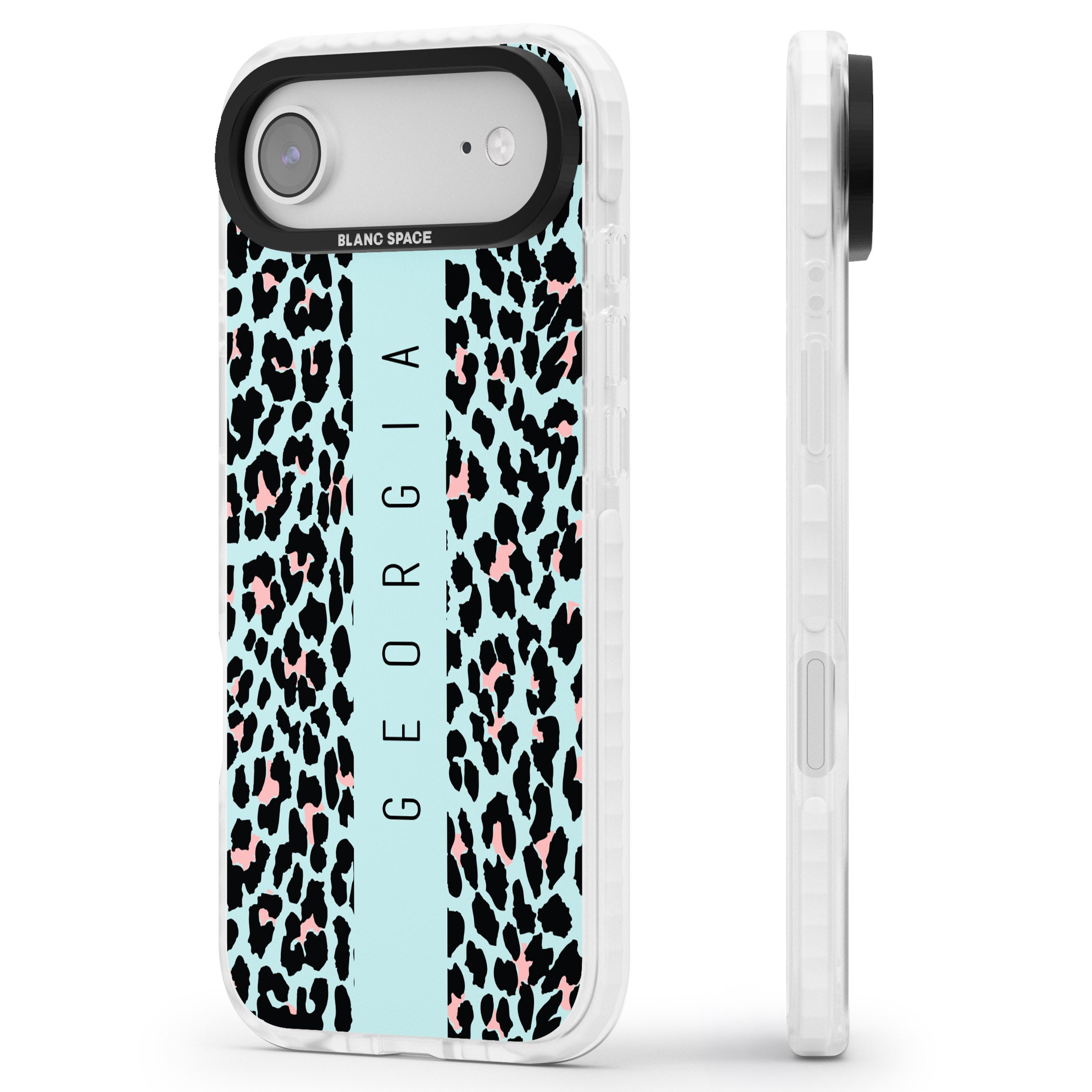 Personalised Blue Leopard iPhone 17 Air Impact Pro Clear Phone Case Side Profile