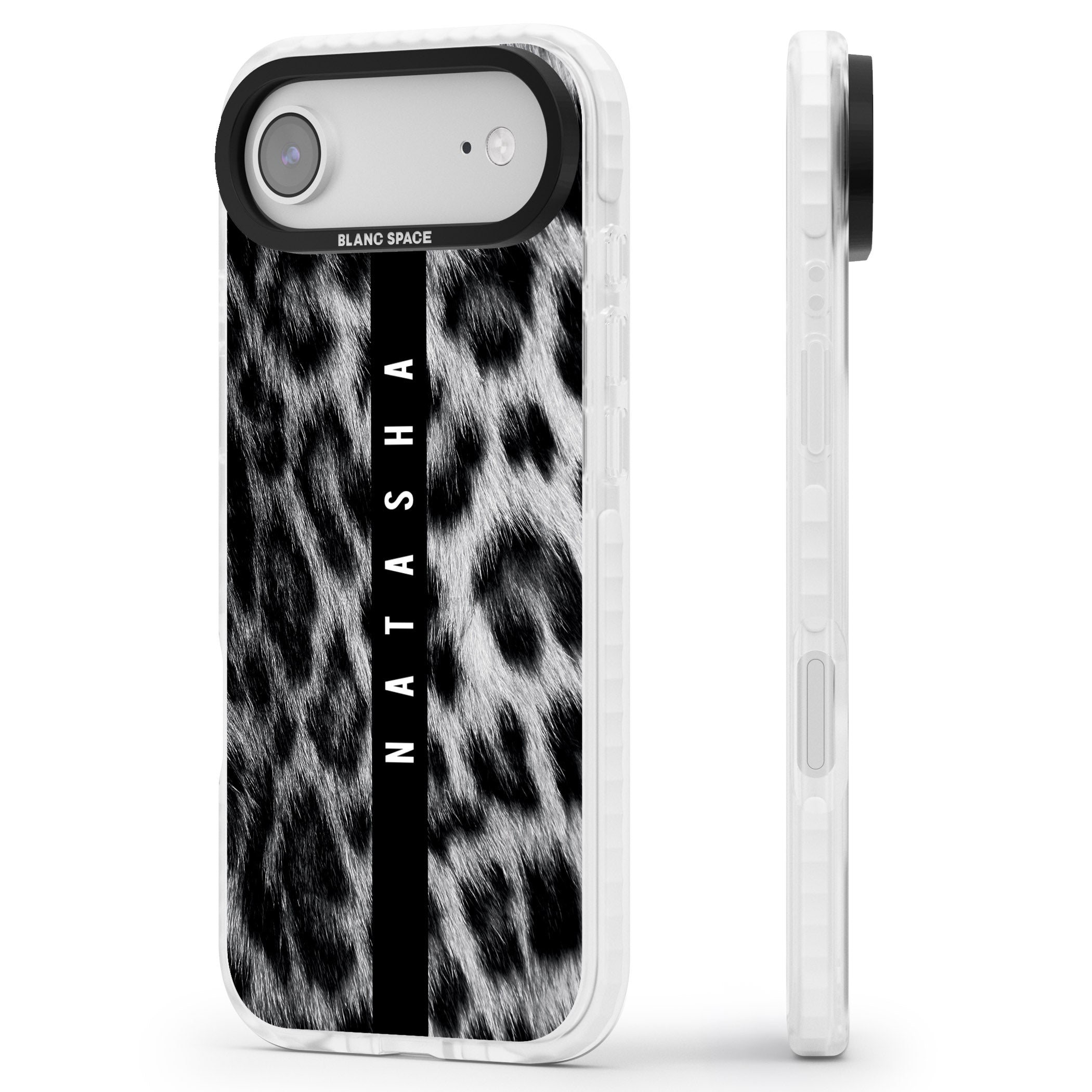 Personalised Snow Leopard Print iPhone 17 Air Impact Pro Clear Phone Case Side Profile