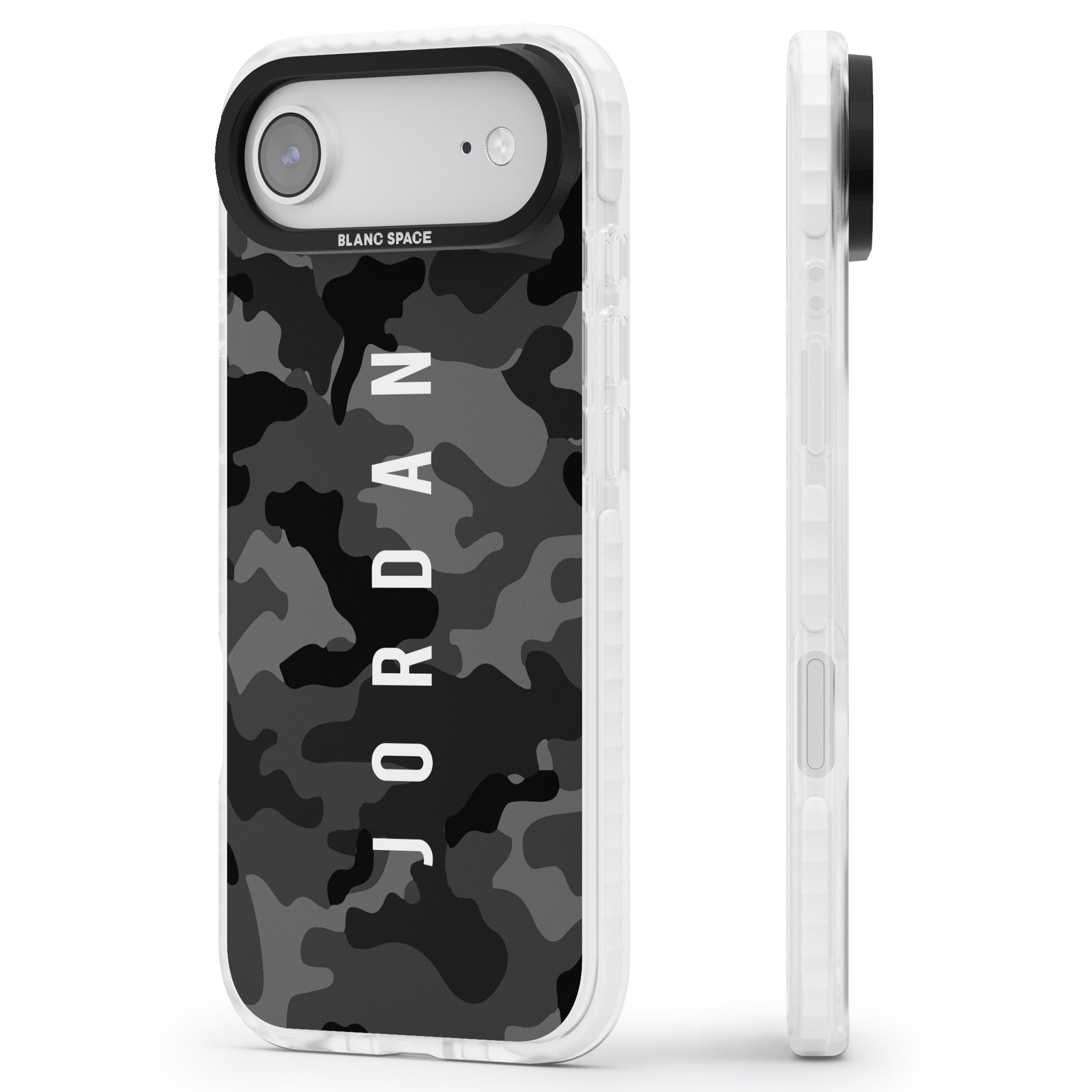 Personalised Black Camouflage Name iPhone 17 Air Impact Pro Clear Phone Case Side Profile