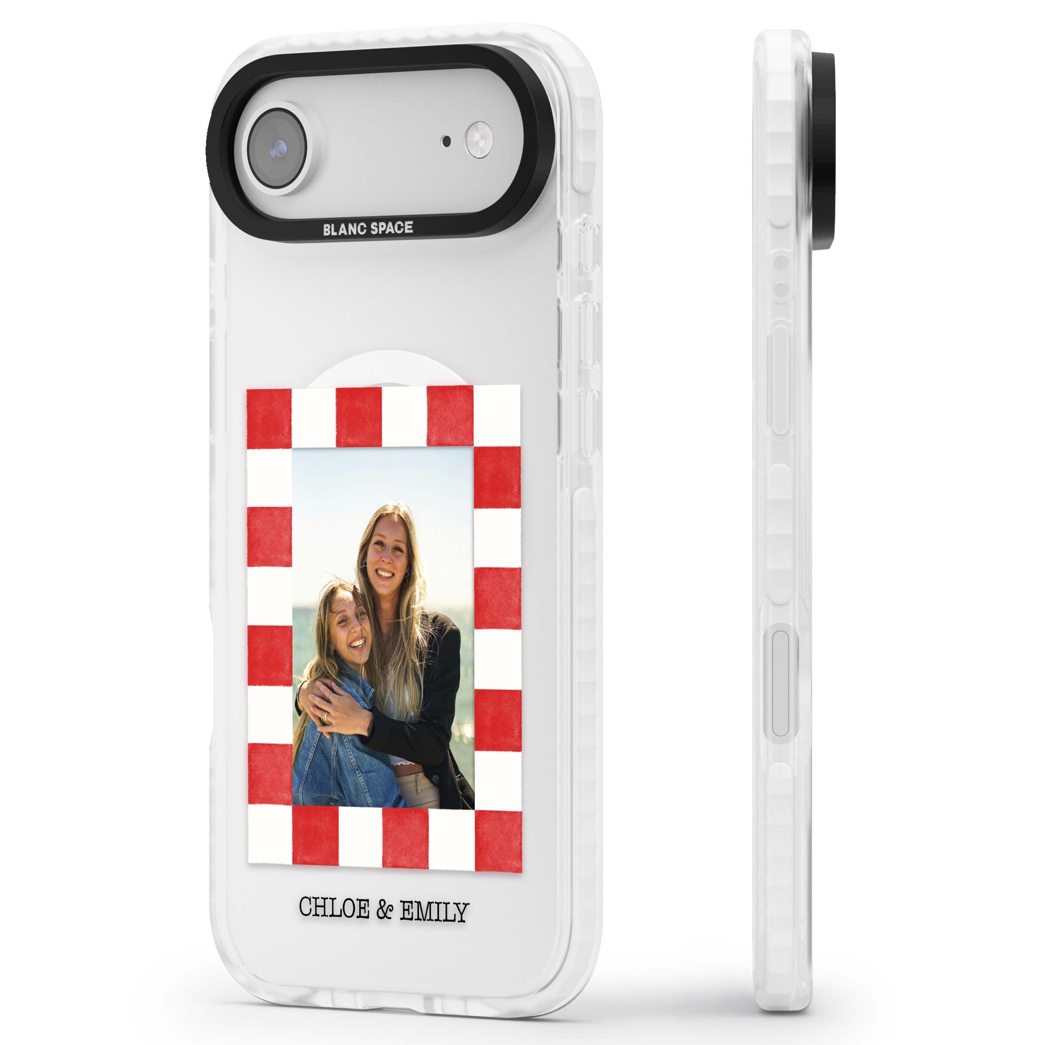 Red Check Photo personalised photo iPhone case with red and white checkered polaroid frame and custom couple name | Impact Magsafe case for iPhone Air