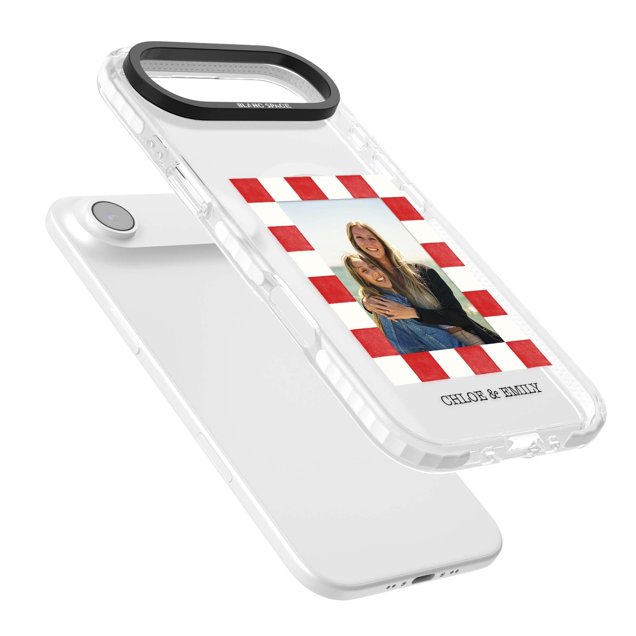 Red Check Photo personalised photo iPhone case with red and white checkered polaroid frame and custom couple name | Impact Magsafe case for iPhone Air
