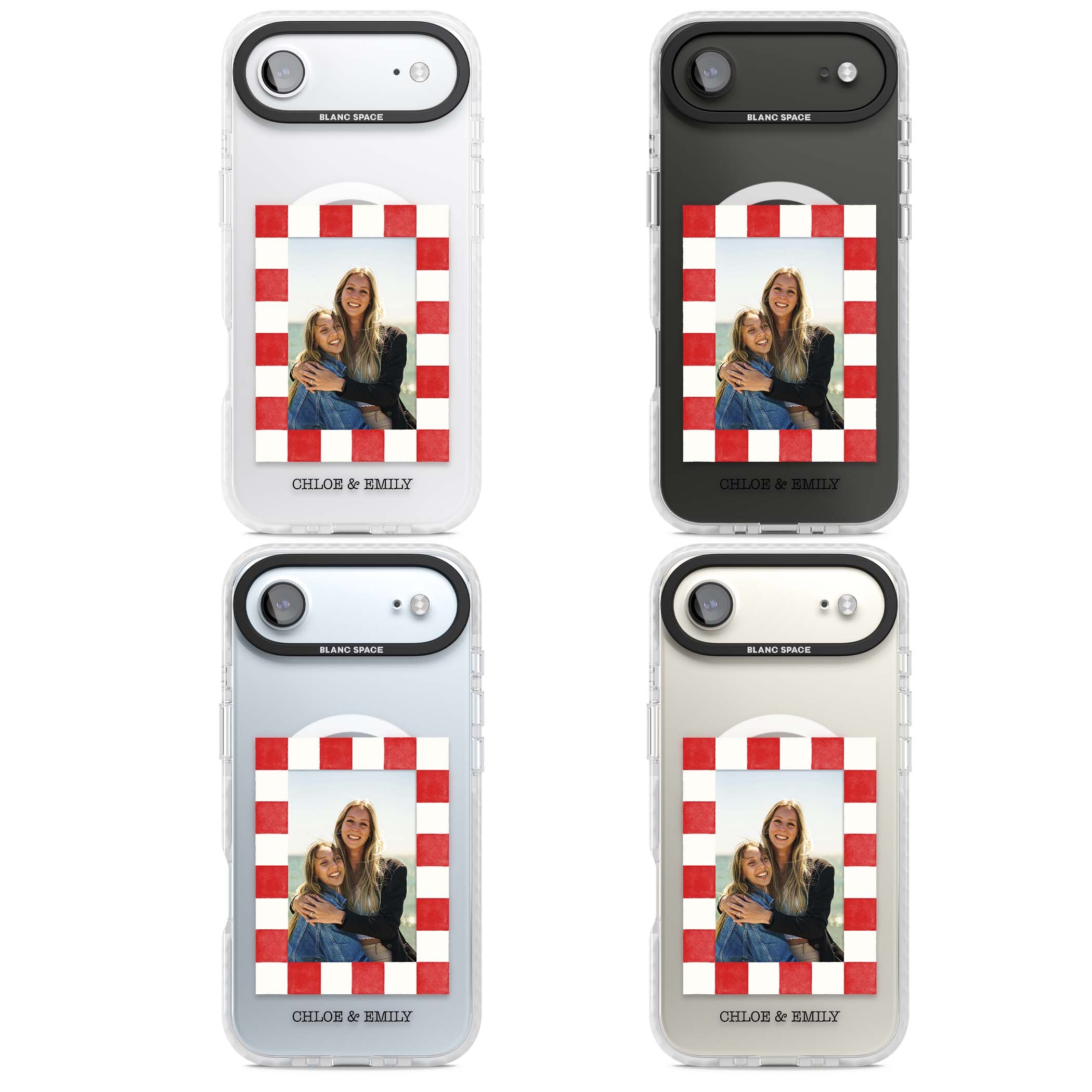 Red Check Photo personalised photo iPhone case with red and white checkered polaroid frame and custom couple name | Impact Magsafe case for iPhone Air