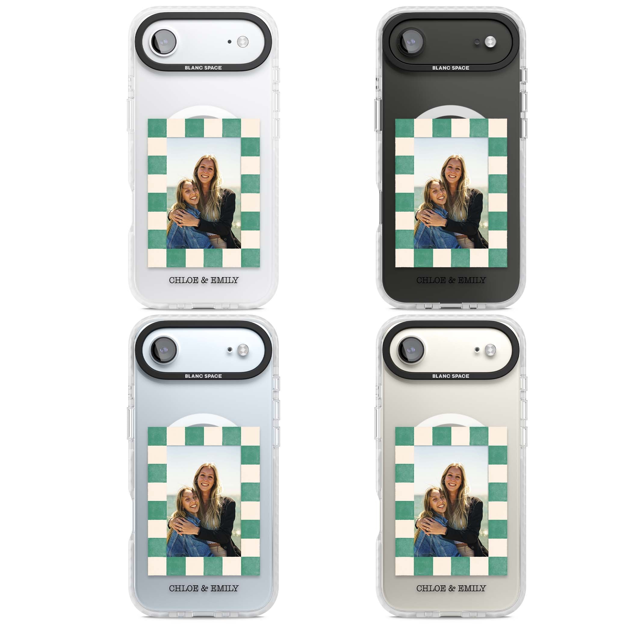 Seafoam Check Photo personalised iPhone case featuring a custom polaroid photo, green and cream checkered frame, and custom n | Impact Magsafe case for iPhone Air
