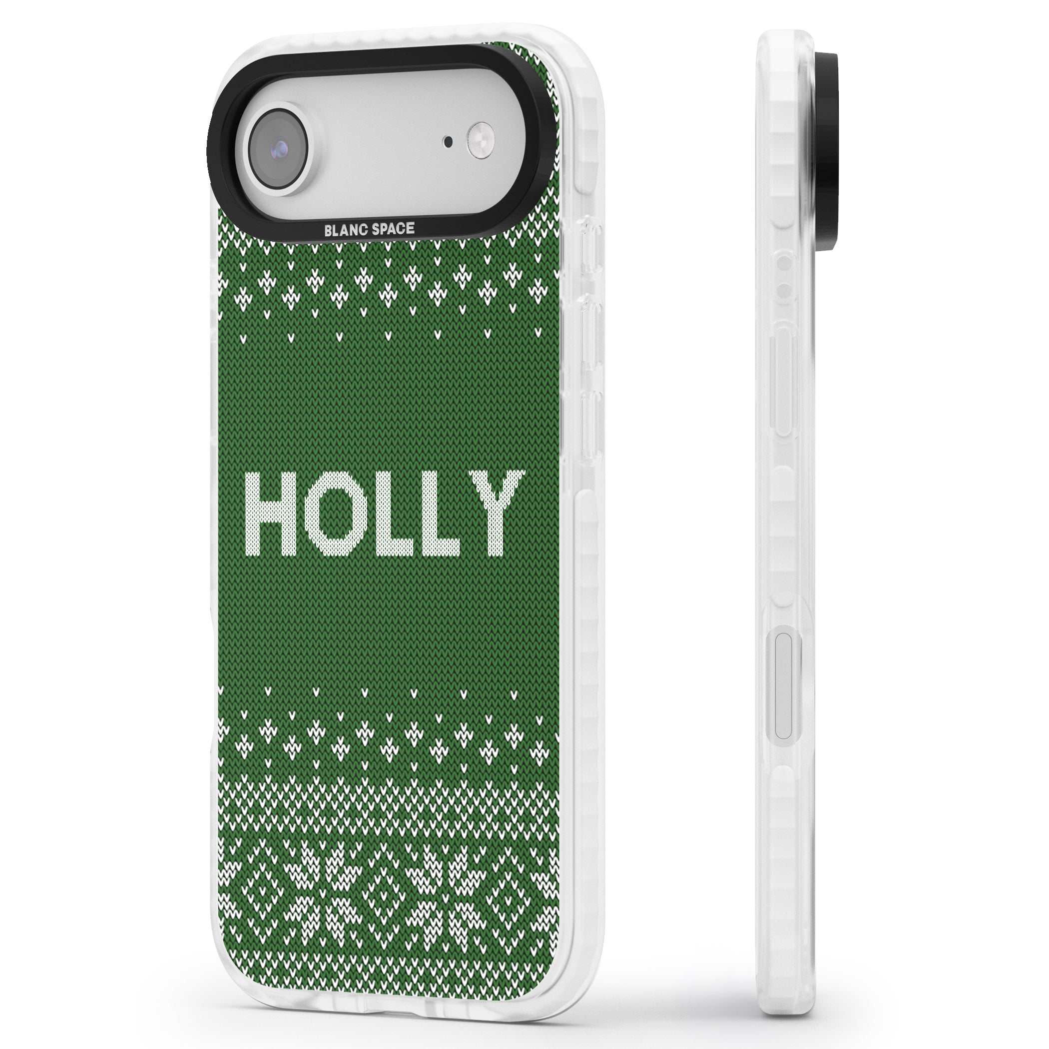 Personalised Green Christmas Knit iPhone 17 Air Impact Pro Clear Phone Case Side Profile