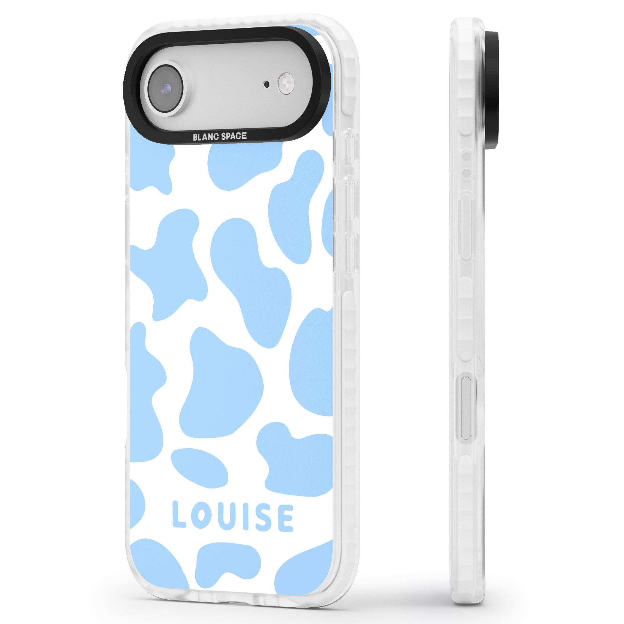 Personalised Blue And White Cow Print iPhone 17 Air Impact Pro Clear Phone Case Side Profile