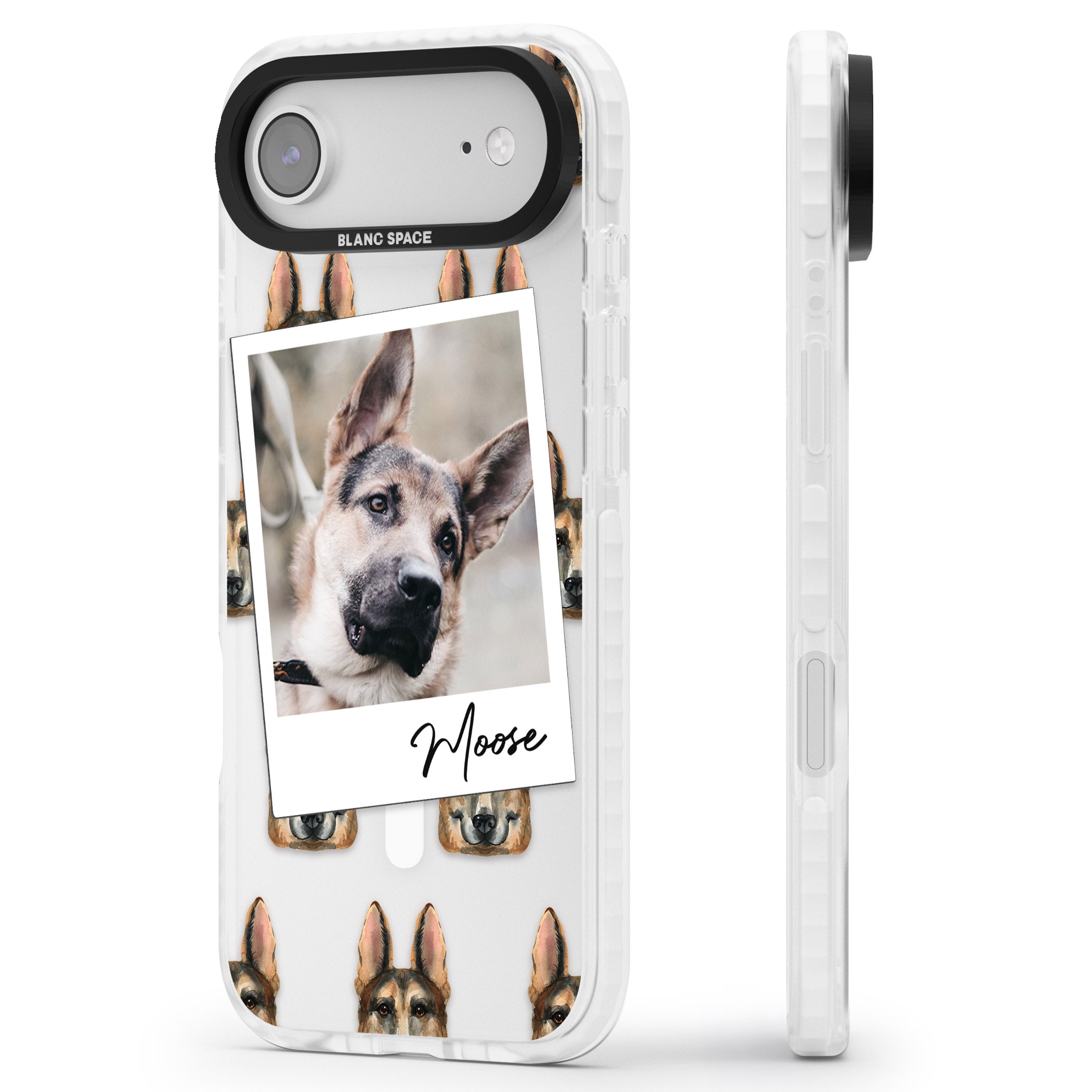 Personalised German Shepherd Instant Camera Photo iPhone 17 Air Impact Pro Clear Phone Case Side Profile