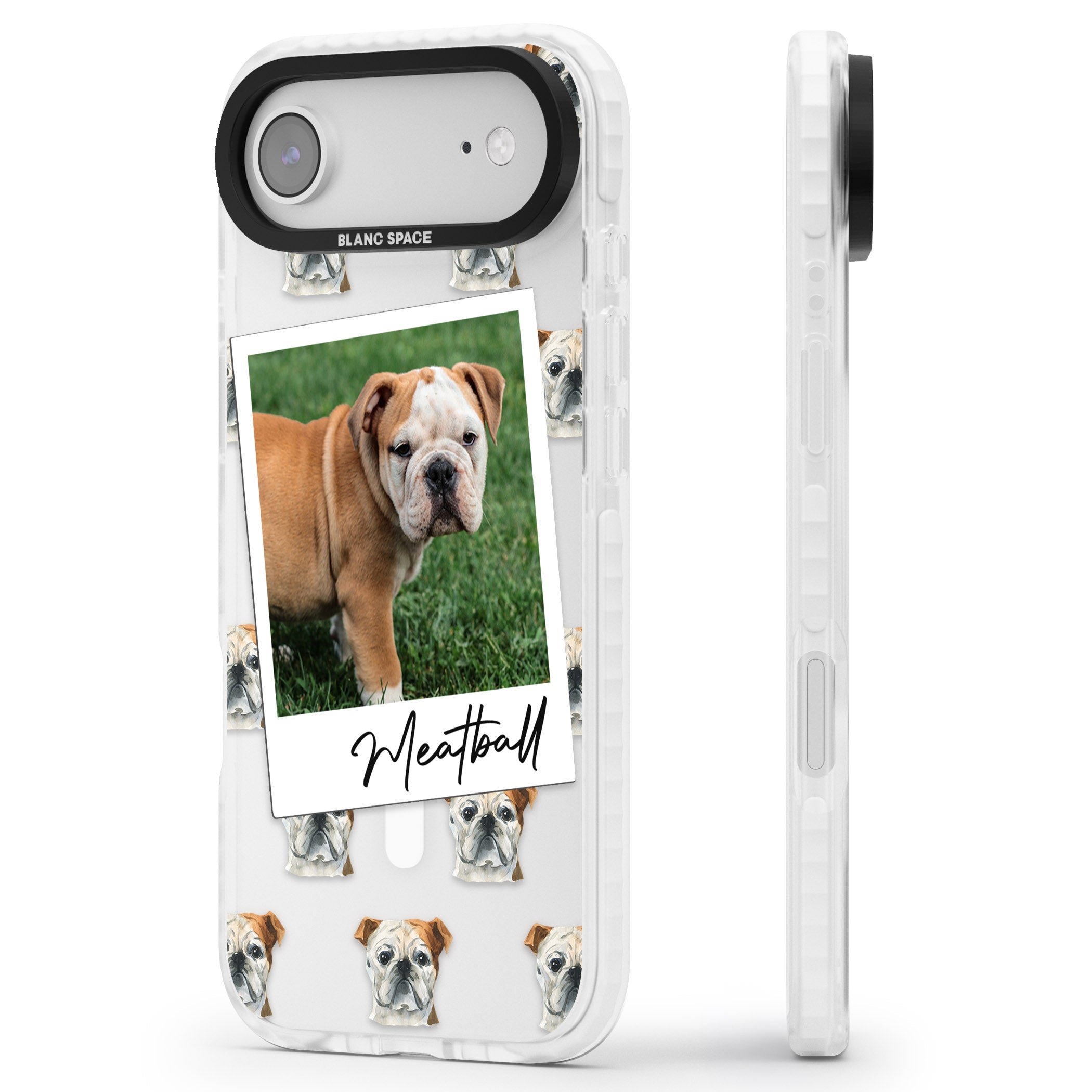 Personalised English Bulldog Instant Camera Photo iPhone 17 Air Impact Pro Clear Phone Case Side Profile