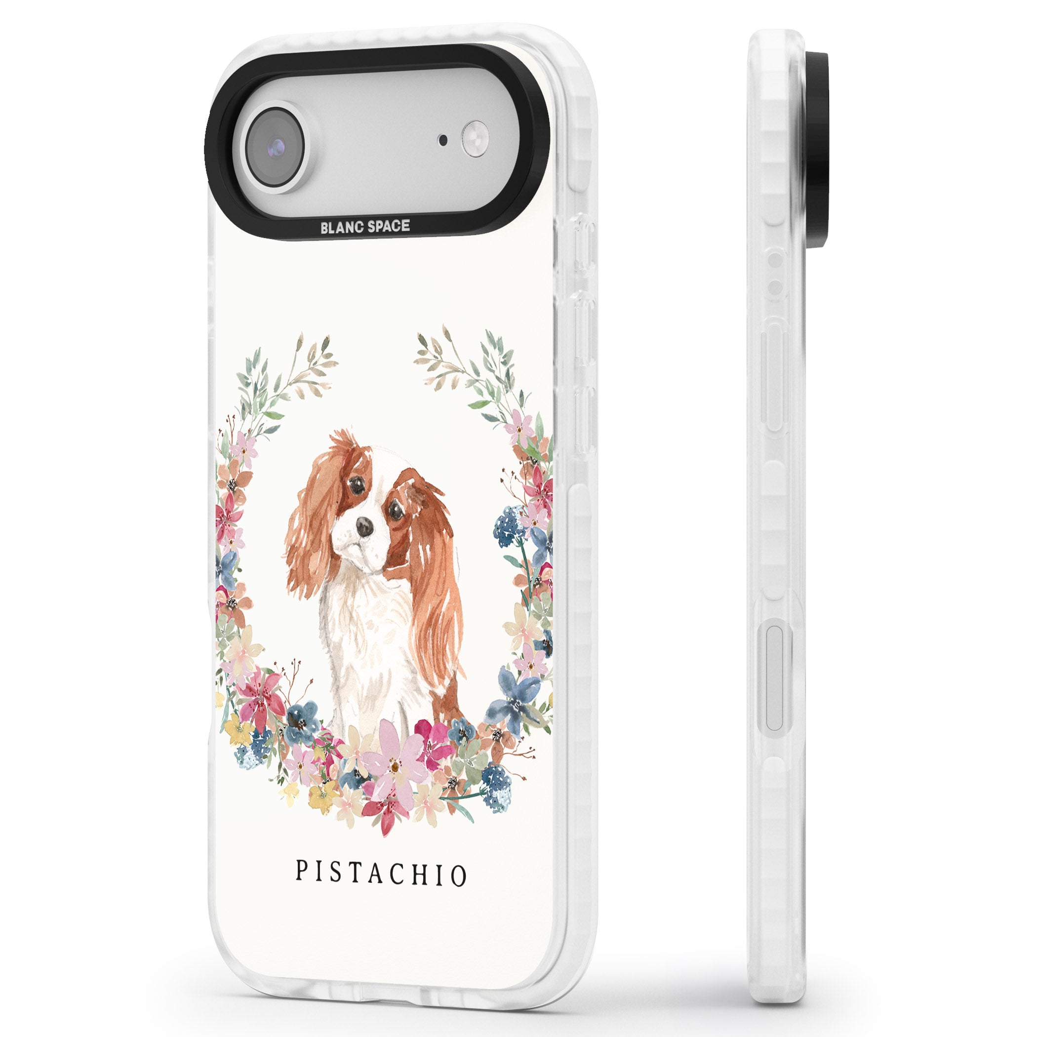 Personalised Cavalier King Charles Floral Portrait iPhone 17 Air Impact Pro Clear Phone Case Side Profile