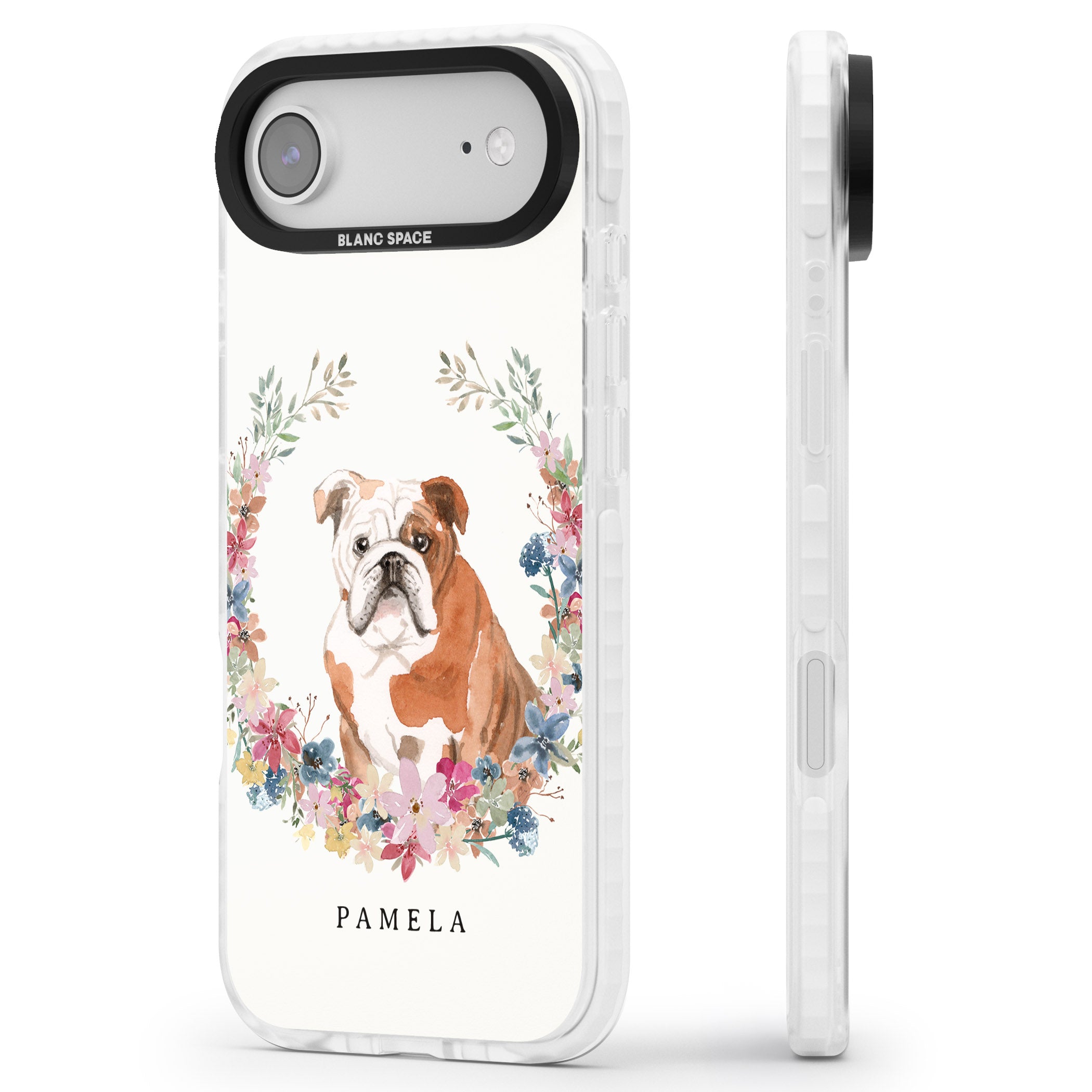 Personalised English Bulldog Floral Portrait iPhone 17 Air Impact Pro Clear Phone Case Side Profile