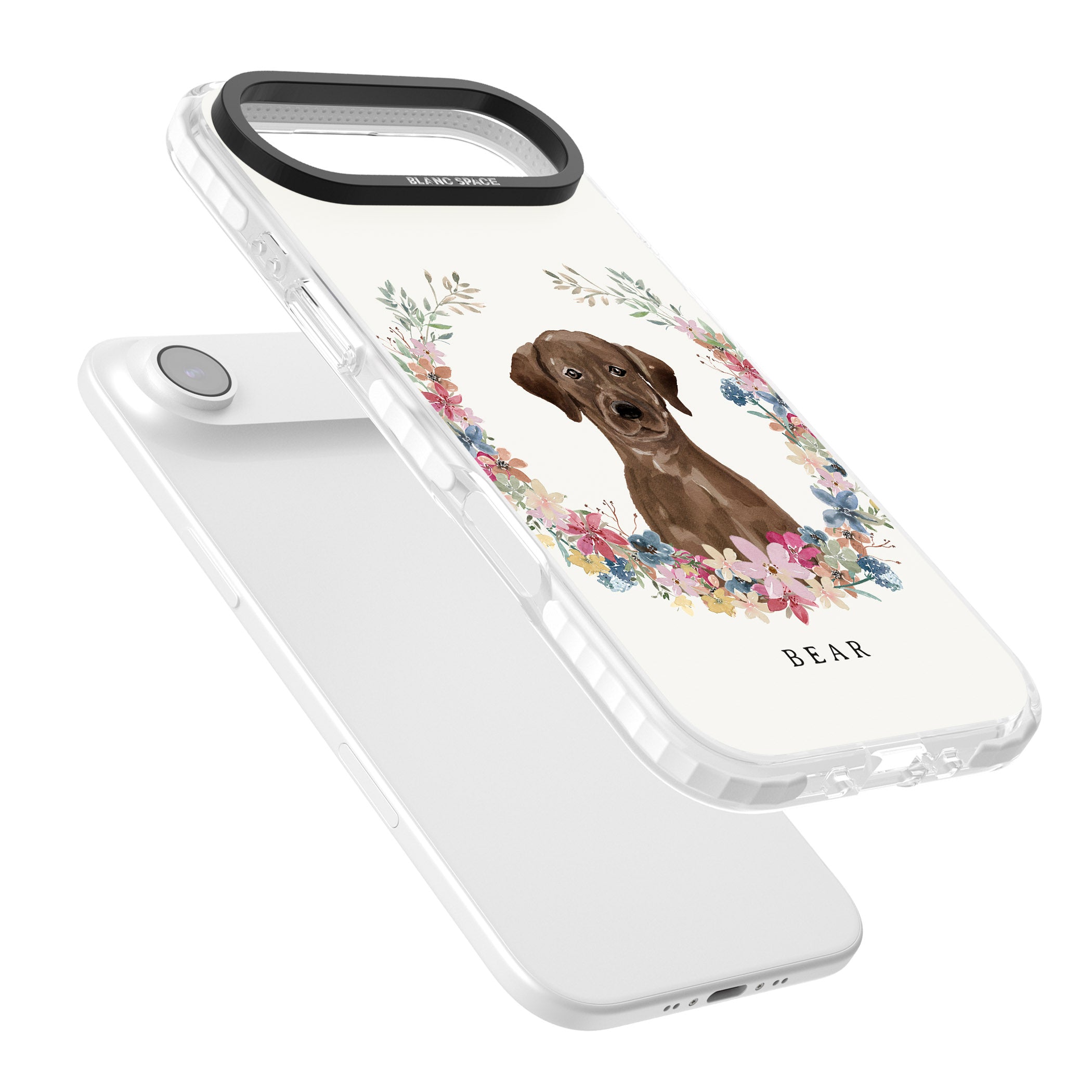 Personalised Chocolate Labrador Floral Portrait iPhone 17 Air Impact Pro Clear Phone Case Colours