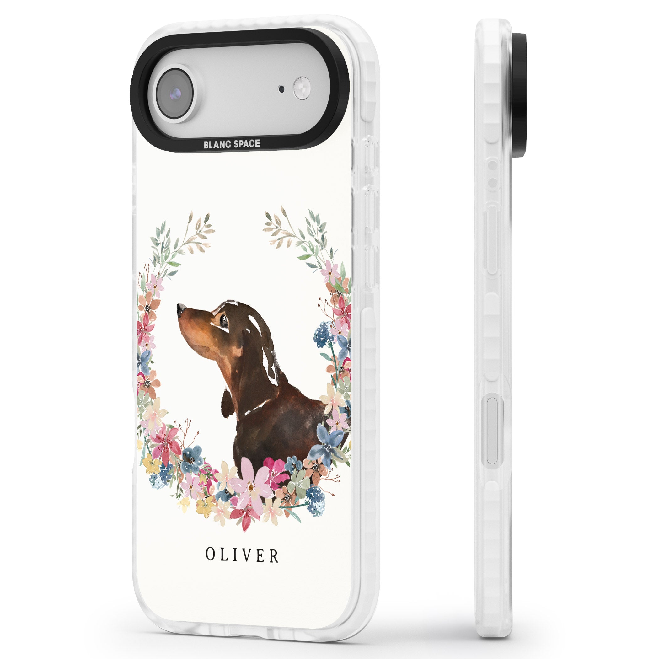 Personalised Black & Tan Dachshund Floral Portrait iPhone 17 Air Impact Pro Clear Phone Case Side Profile