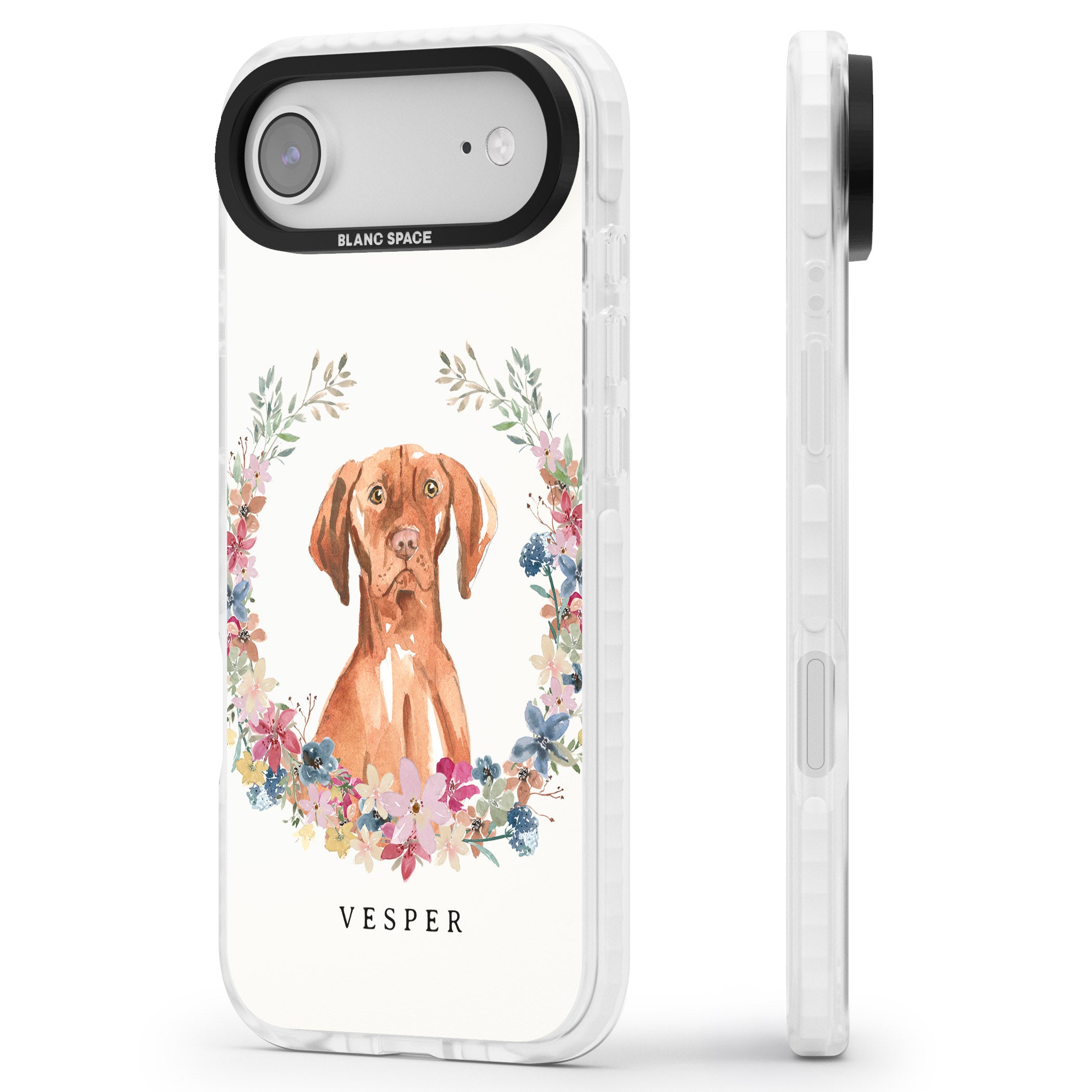 Personalised Hungarian Vizsla Floral Portrait iPhone 17 Air Impact Pro Clear Phone Case Side Profile
