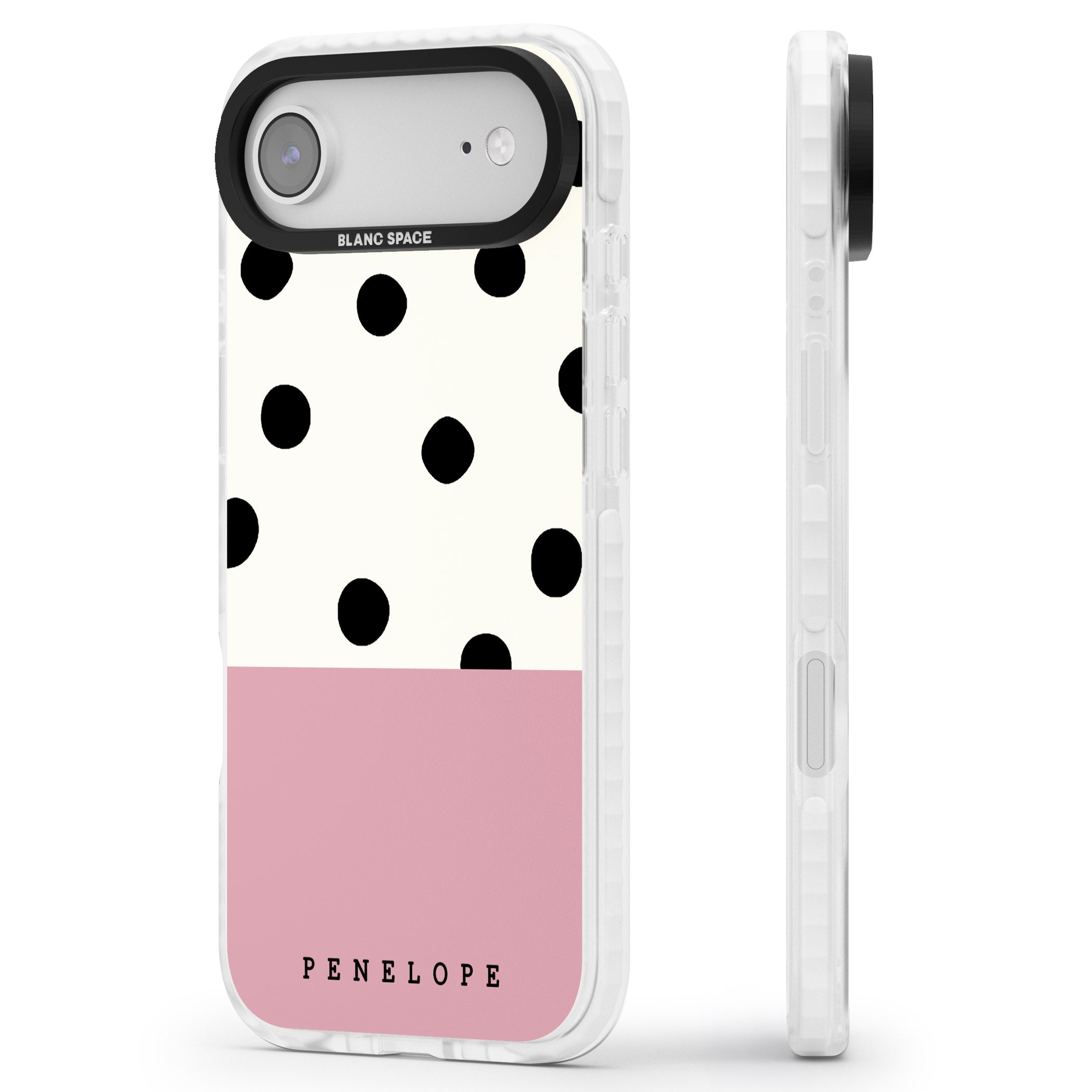 Personalised Pink Border Polka Dot iPhone 17 Air Impact Pro Clear Phone Case Side Profile