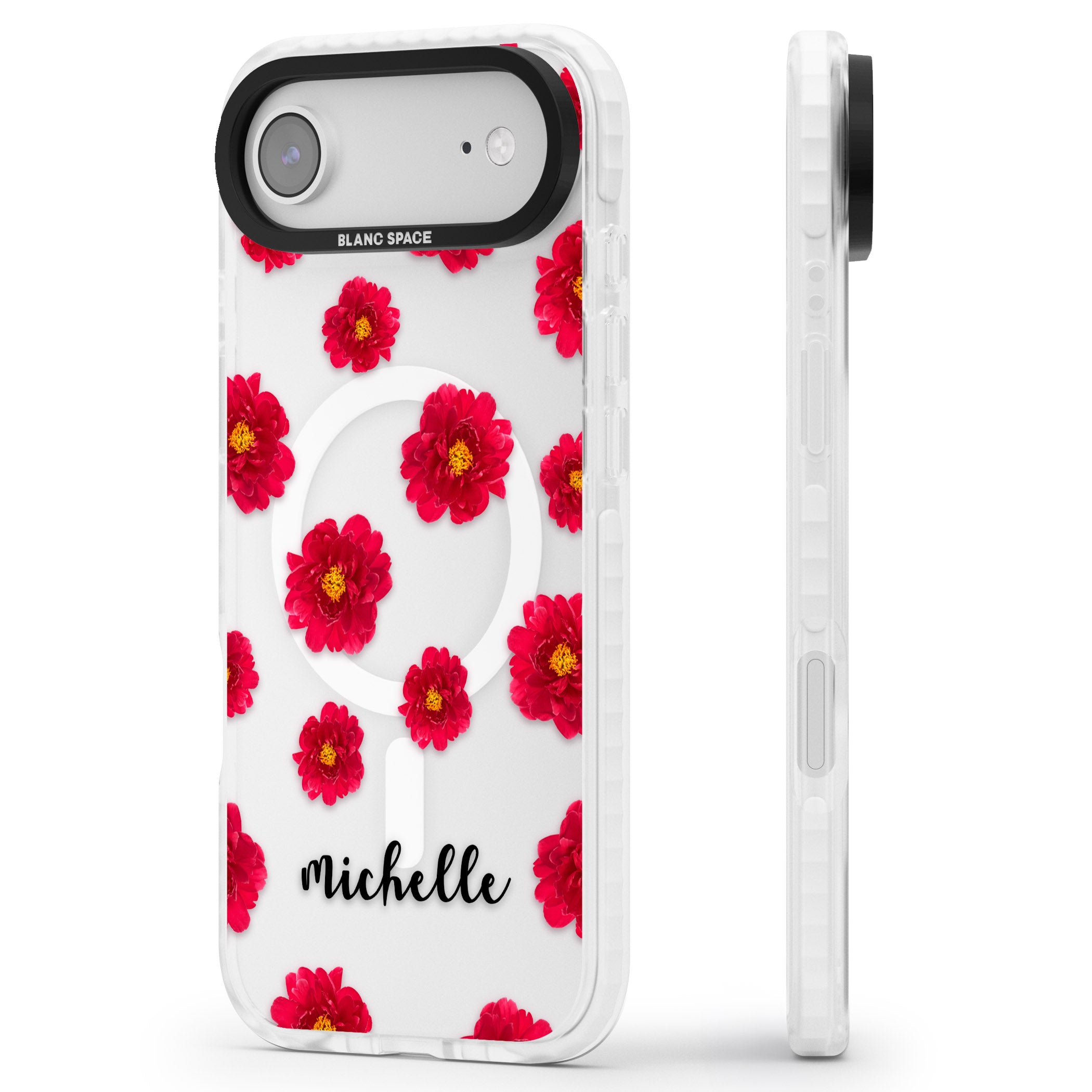 Personalised Red Peonies & Cursive iPhone 17 Air Impact Pro Clear Phone Case Side Profile