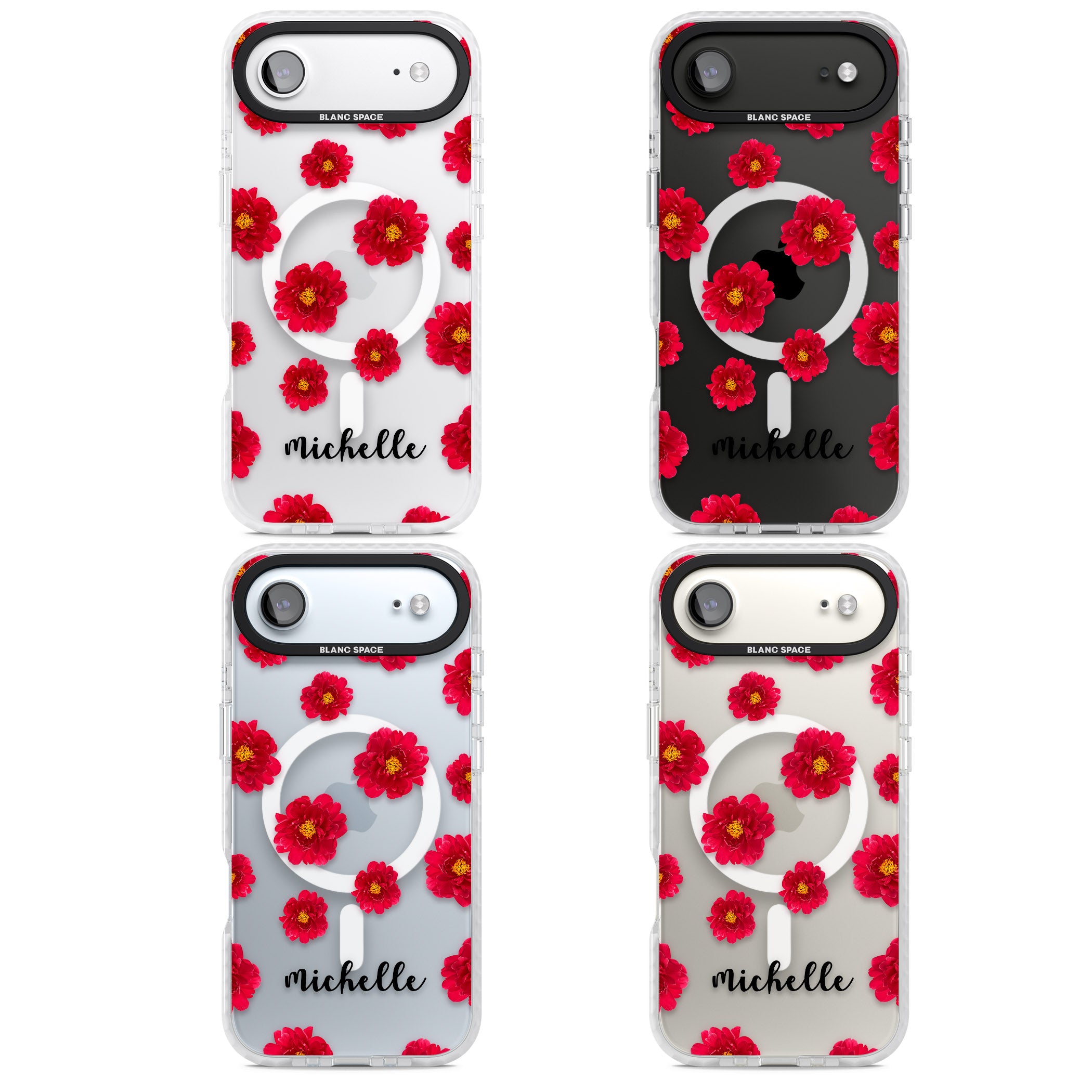 Personalised Red Peonies & Cursive iPhone 17 Air Impact Pro Clear Phone Case APT Impact Protection