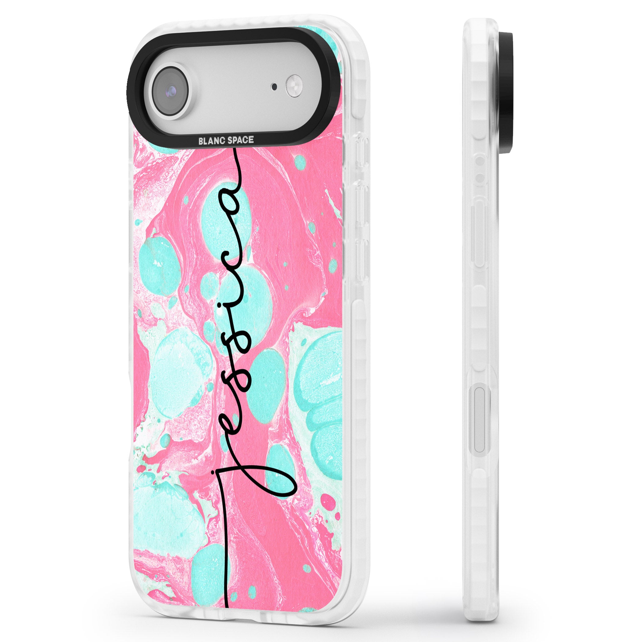 Personalised Turquoise & Pink Marbled iPhone 17 Air Impact Pro Clear Phone Case Side Profile