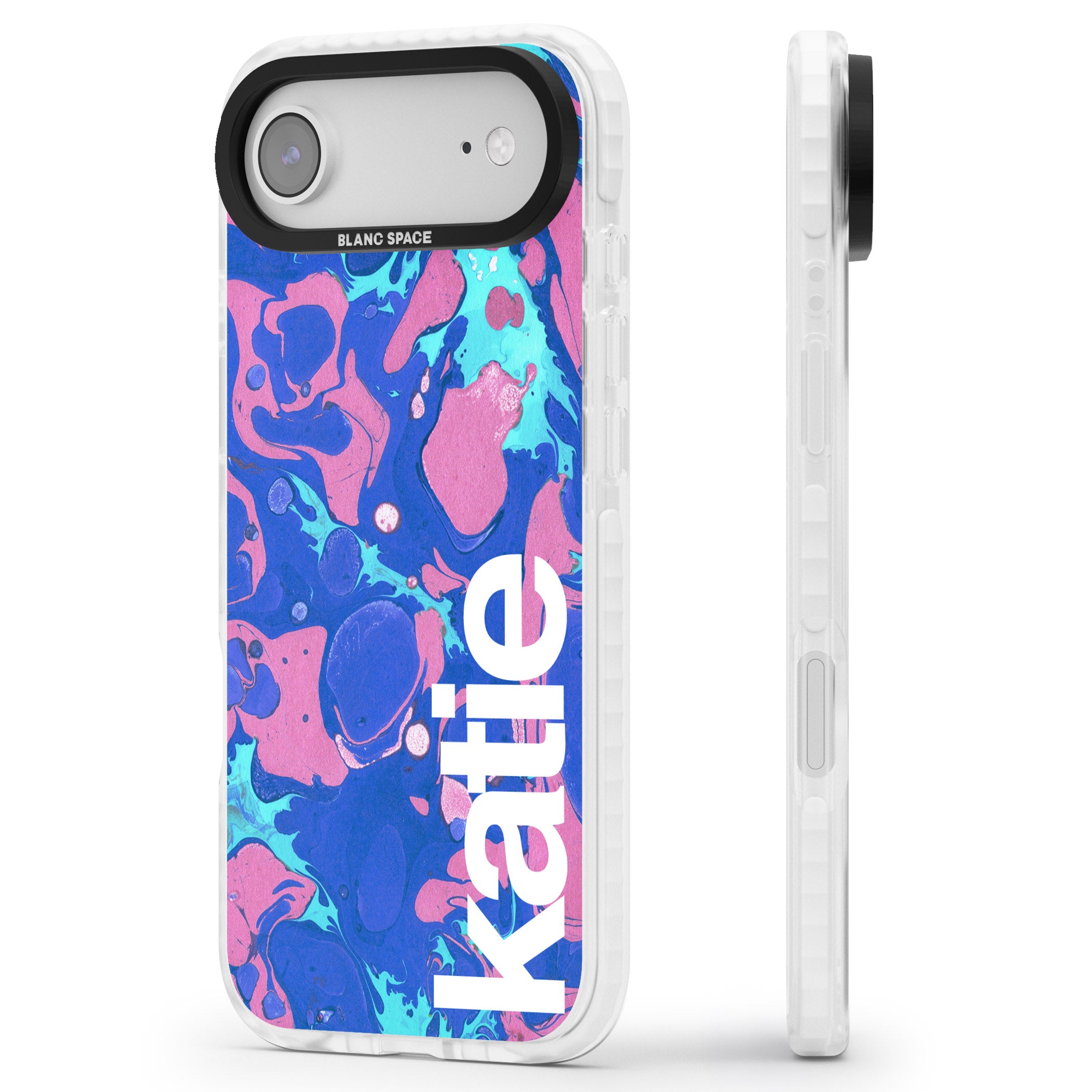 Personalised Navy & Turquoise Marbled iPhone 17 Air Impact Pro Clear Phone Case Side Profile