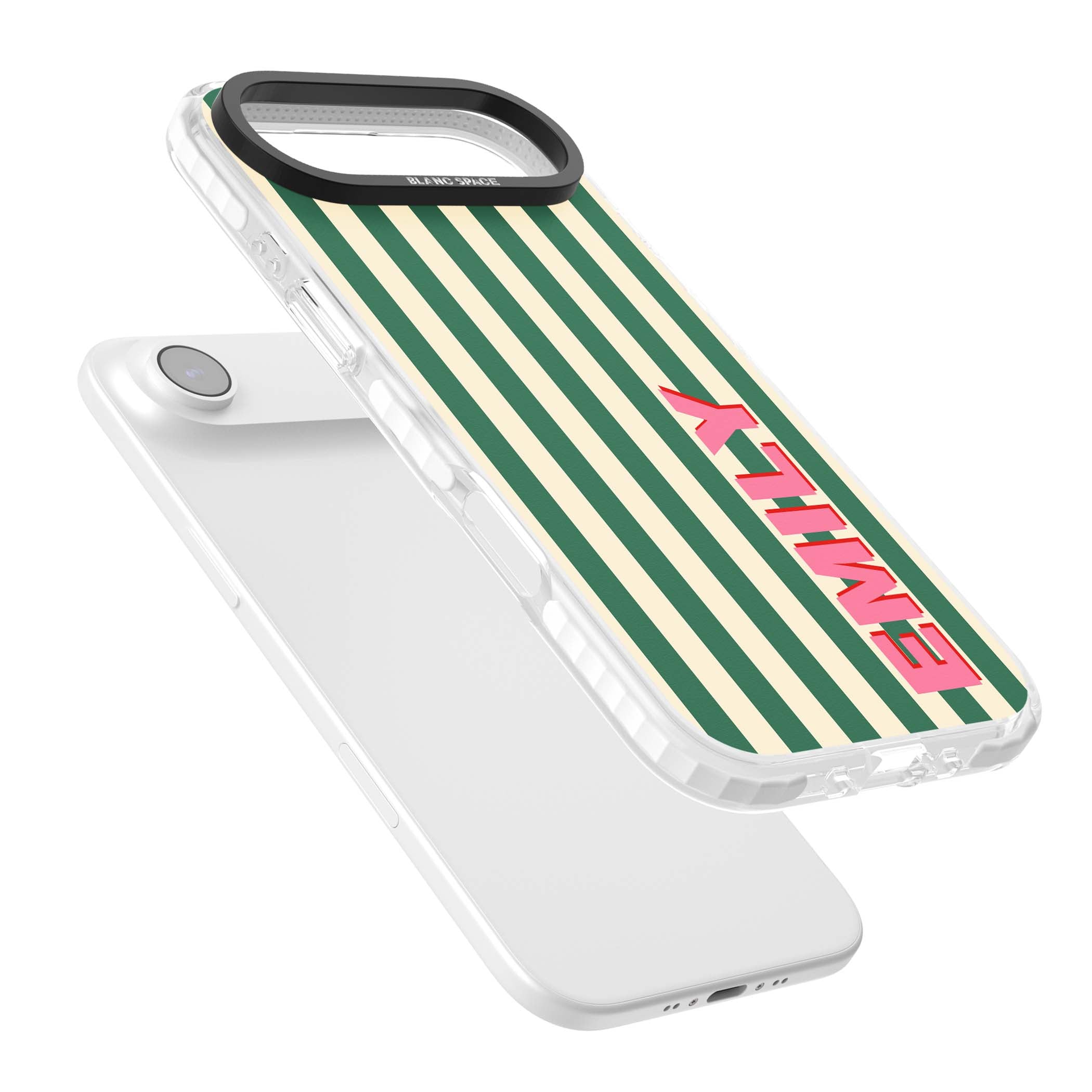 Wimbledon Stripe preppy iPhone case featuring green and cream vertical stripes with a personalised pink name | Impact Magsafe case for iPhone Air