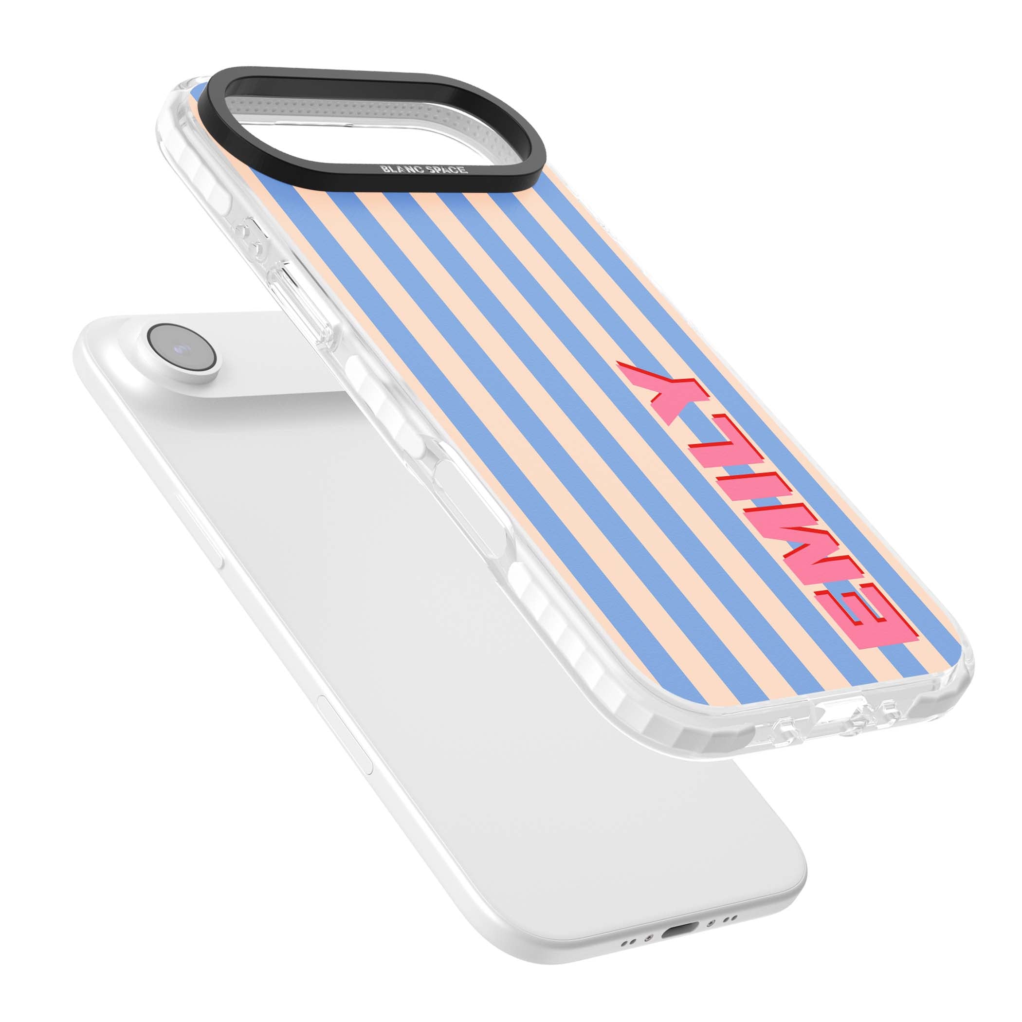 Coastal Stripe personalised coastal iPhone case with blue and peach vertical stripes and custom pink name | Impact Magsafe case for iPhone Air