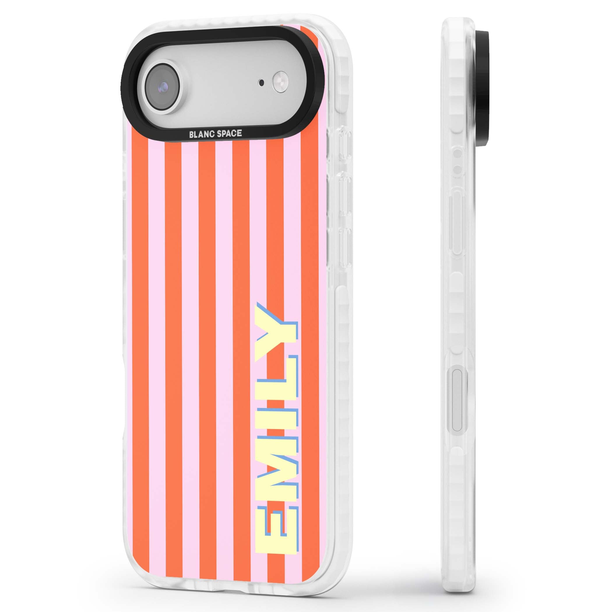 Havana Stripe personalised iPhone case featuring pink and orange vertical stripes with a custom yellow name | Impact Magsafe case for iPhone Air