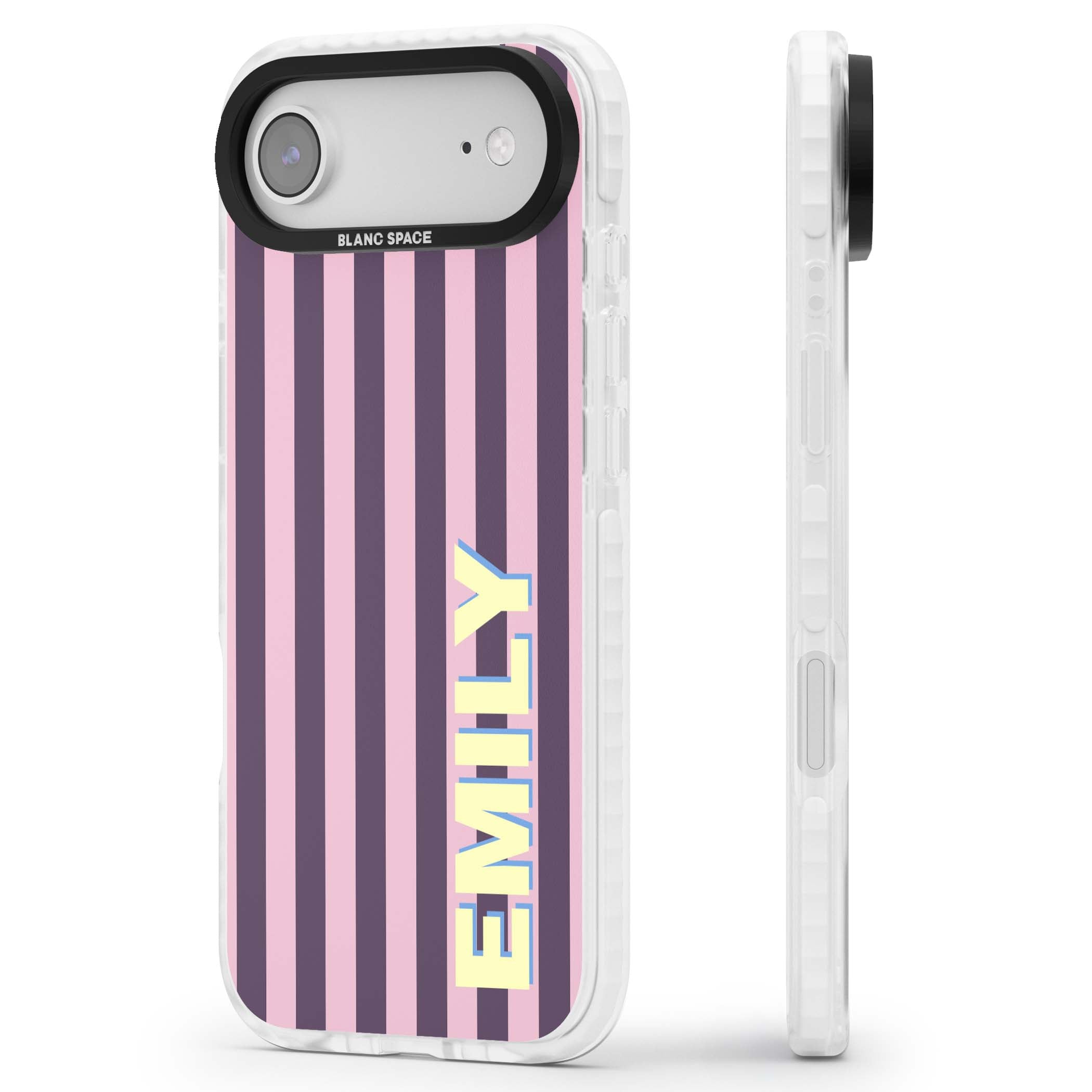Tyre Stripe personalised stripe iPhone case with plum and pink vertical stripes and custom yellow name | Impact Magsafe case for iPhone Air