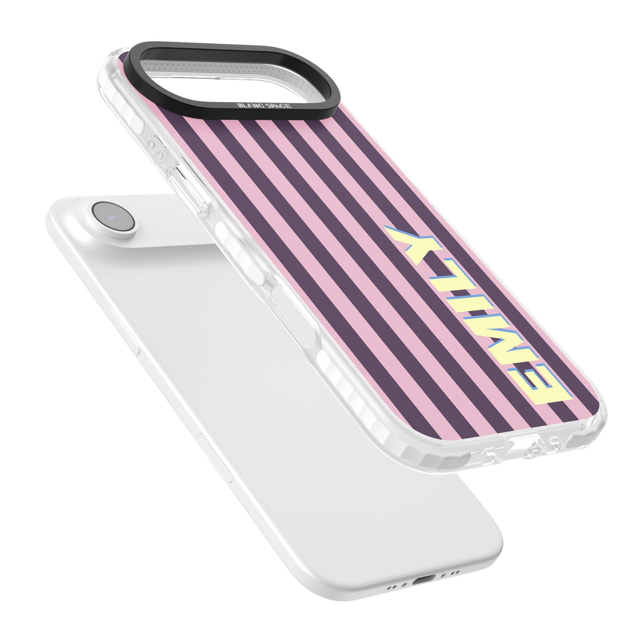 Tyre Stripe personalised stripe iPhone case with plum and pink vertical stripes and custom yellow name | Impact Magsafe case for iPhone Air