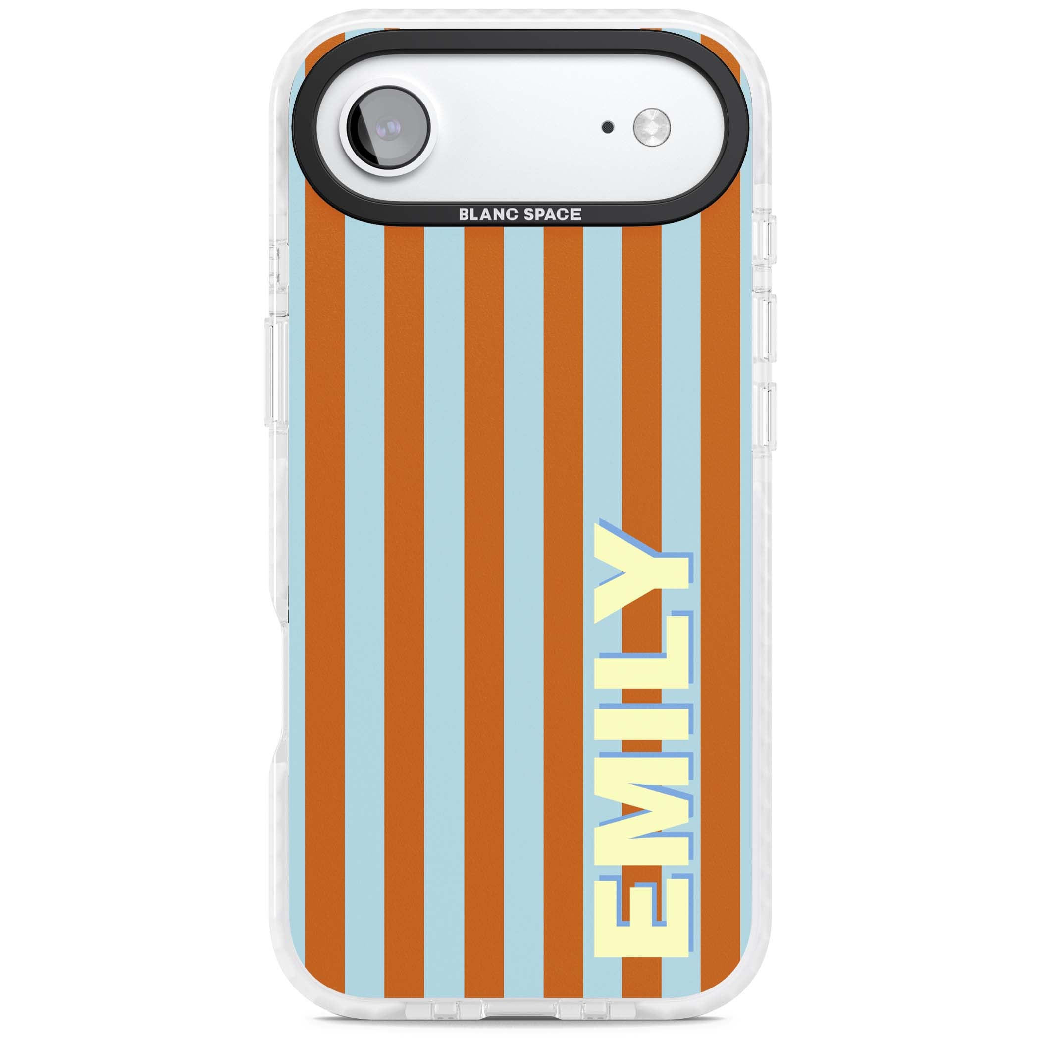 Cappadocia Stripe personalised coastal iPhone case featuring blue and orange vertical stripes with custom cream name | Impact Magsafe case for iPhone Air