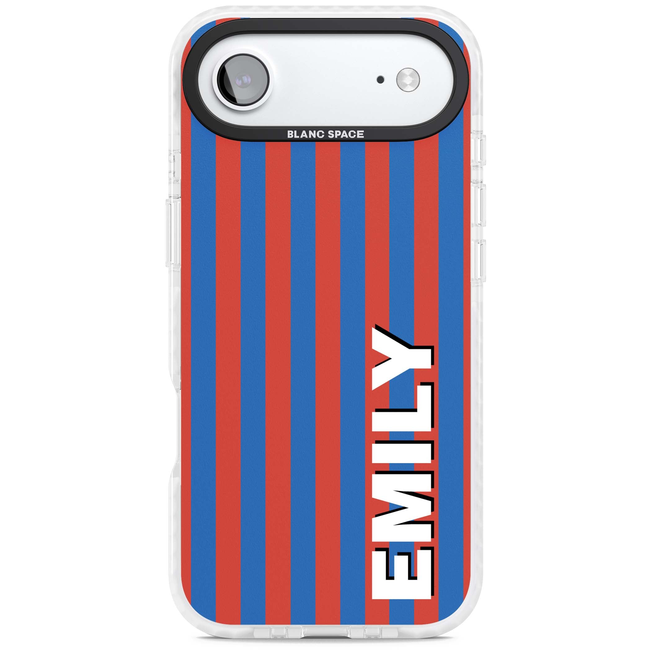 Cuban Stripe personalised iPhone case featuring red and blue vertical stripes with custom name in bold white letters | Impact Magsafe case for iPhone Air