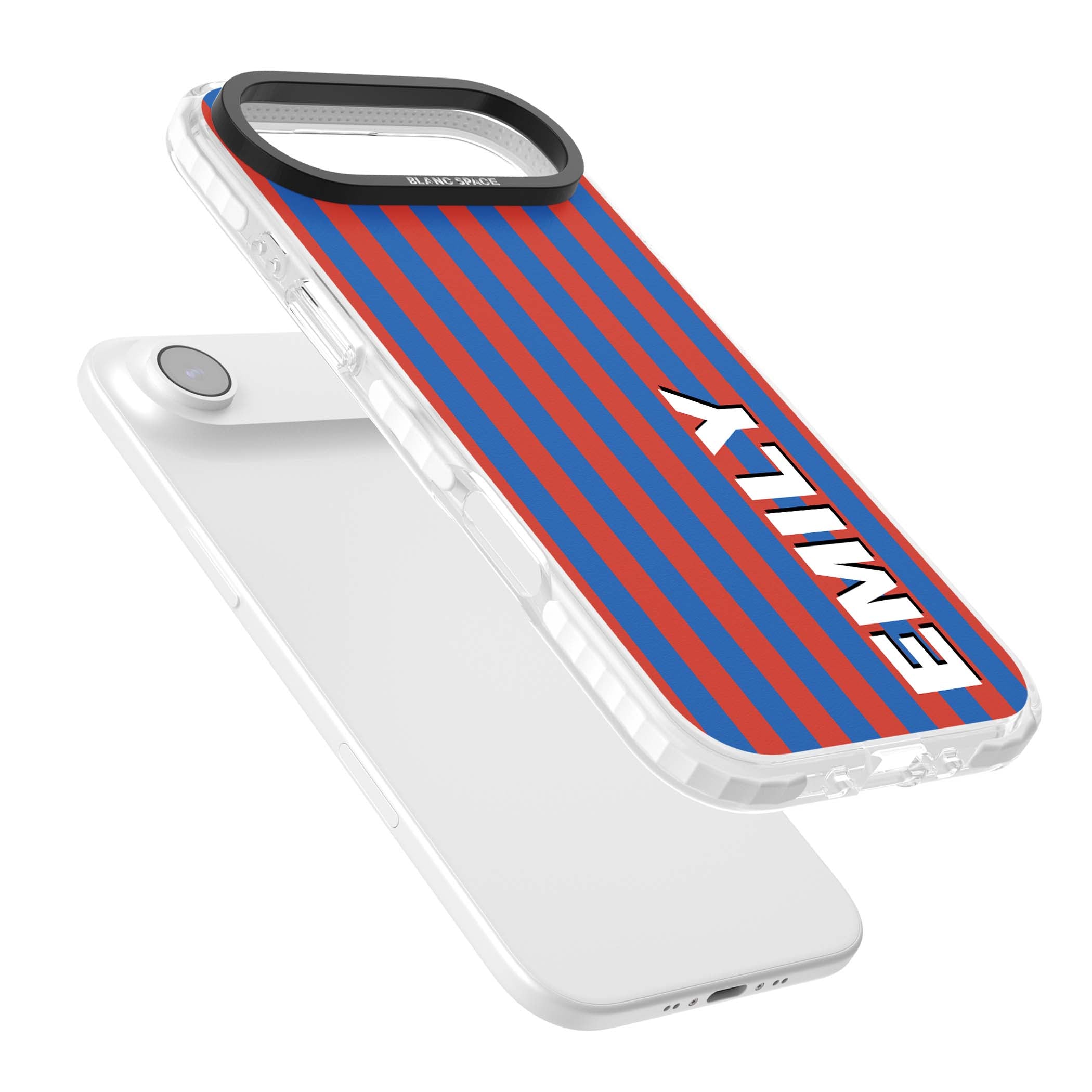 Cuban Stripe personalised iPhone case featuring red and blue vertical stripes with custom name in bold white letters | Impact Magsafe case for iPhone Air