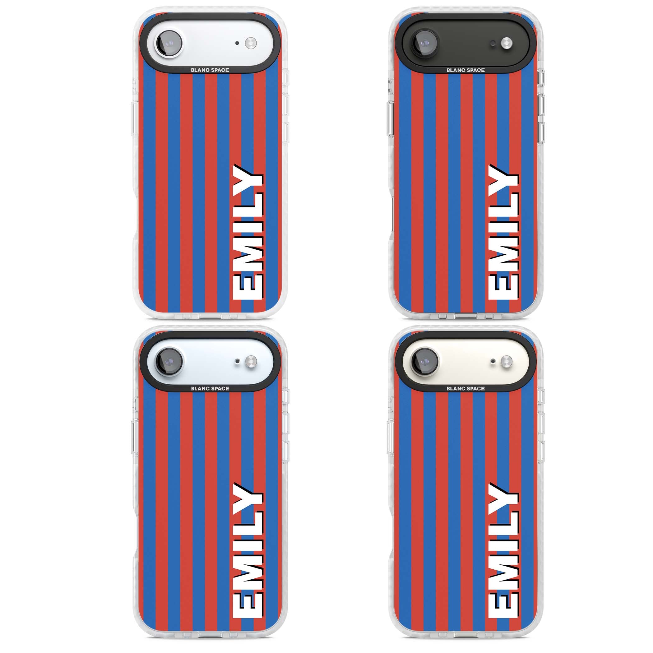 Cuban Stripe personalised iPhone case featuring red and blue vertical stripes with custom name in bold white letters | Impact Magsafe case for iPhone Air
