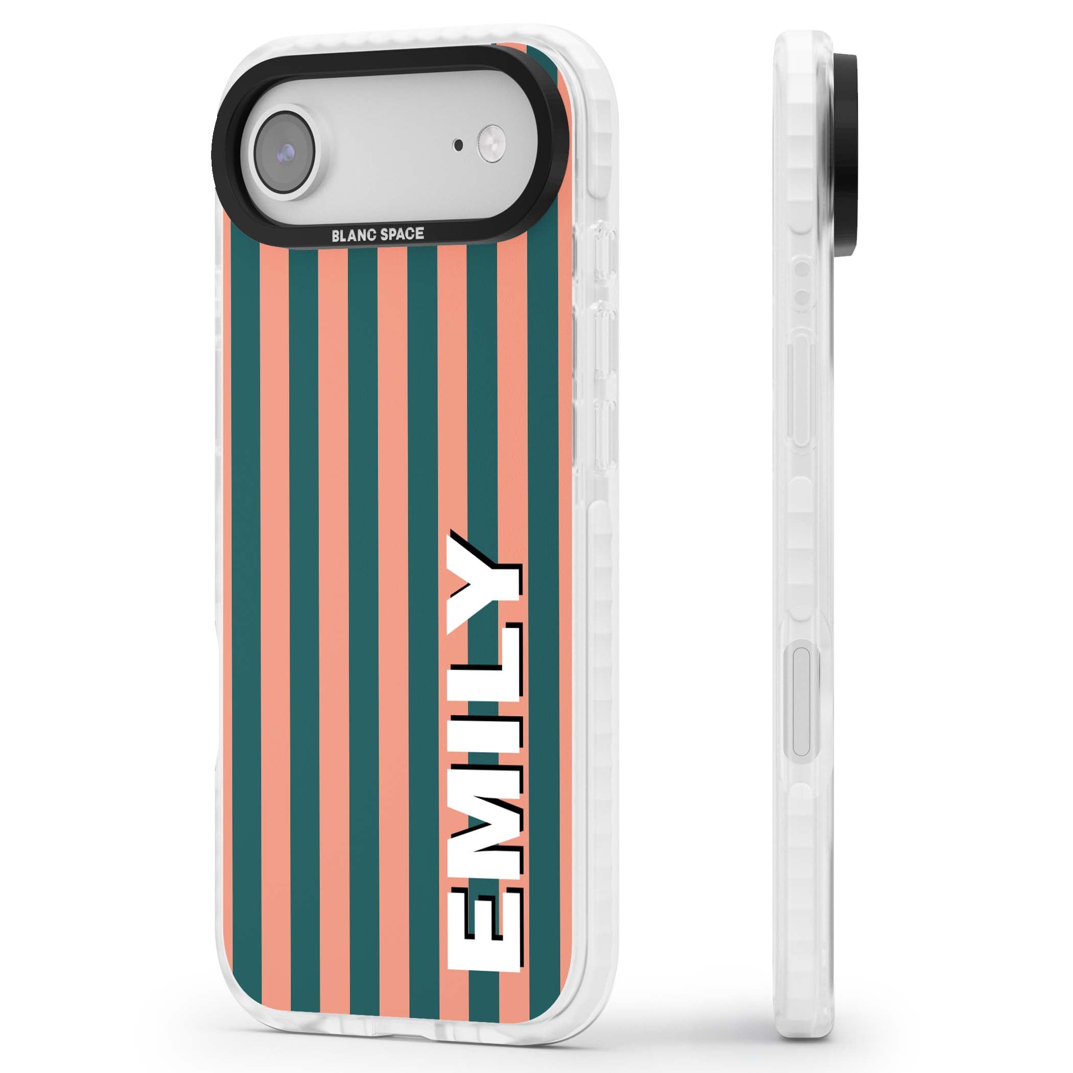 Tuscan Stripe personalised iPhone case featuring coral and green vertical stripes with bold custom name | Impact Magsafe case for iPhone Air