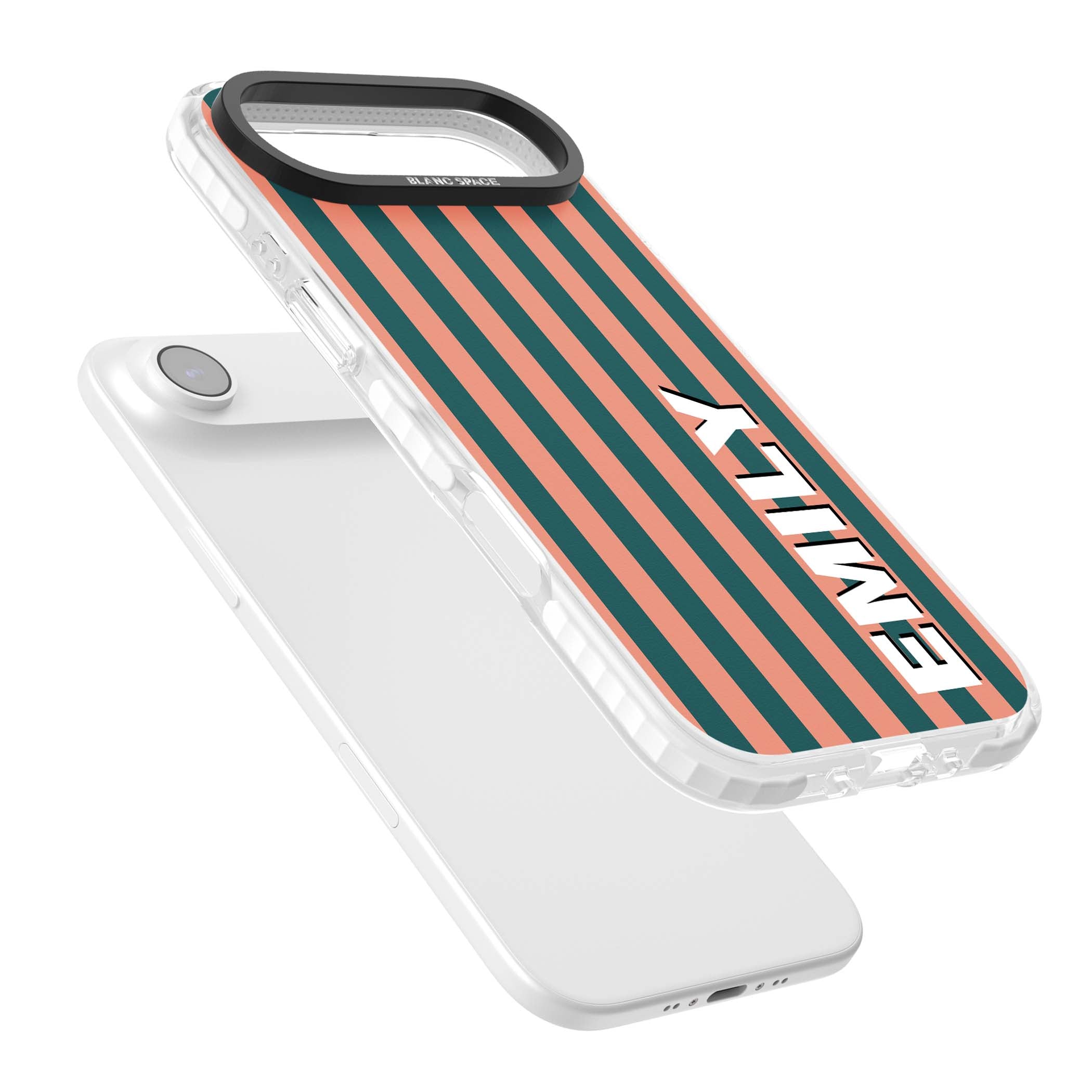 Tuscan Stripe personalised iPhone case featuring coral and green vertical stripes with bold custom name | Impact Magsafe case for iPhone Air