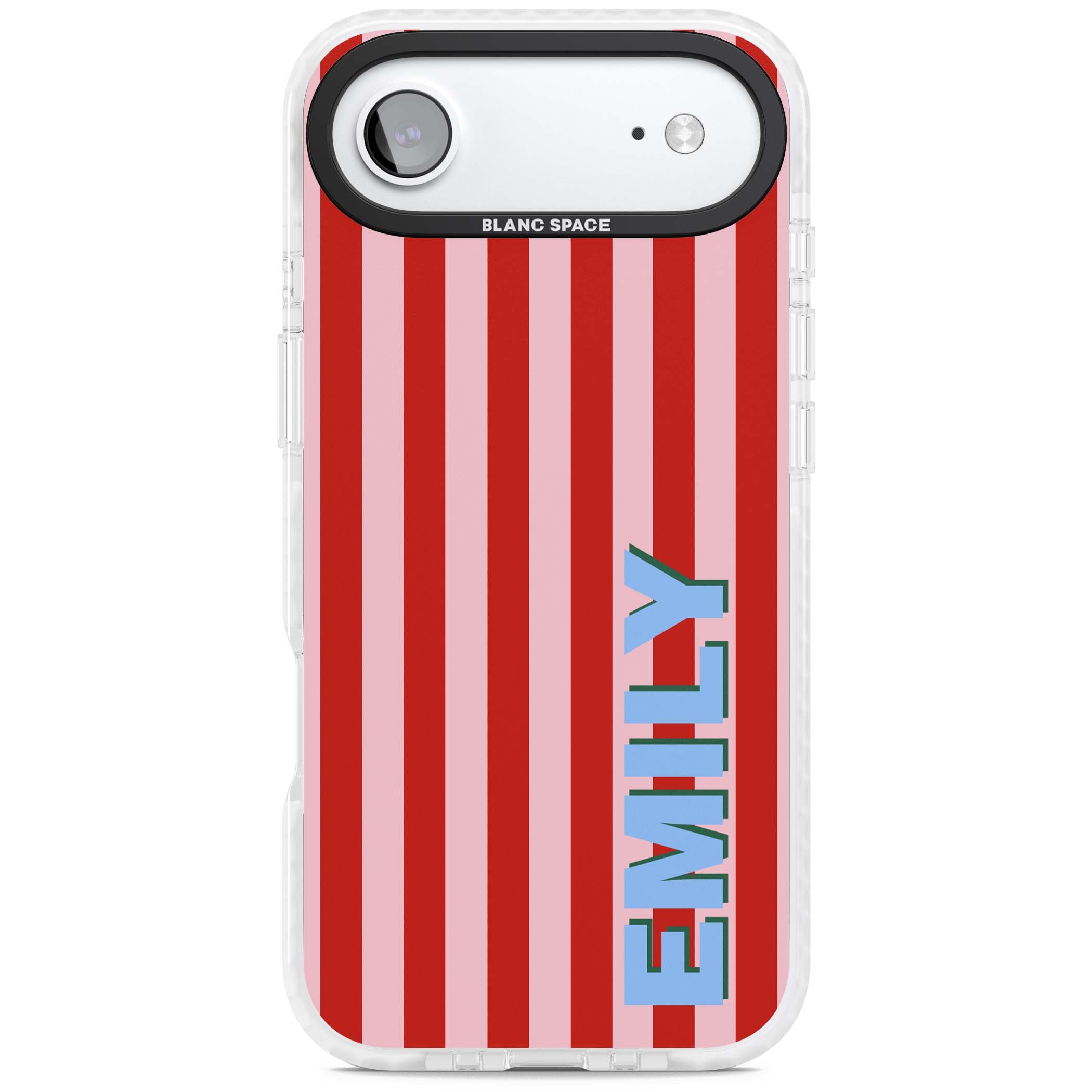Market Stripe personalised iPhone case with red and pink vertical stripes and custom blue name | Impact Magsafe case for iPhone Air